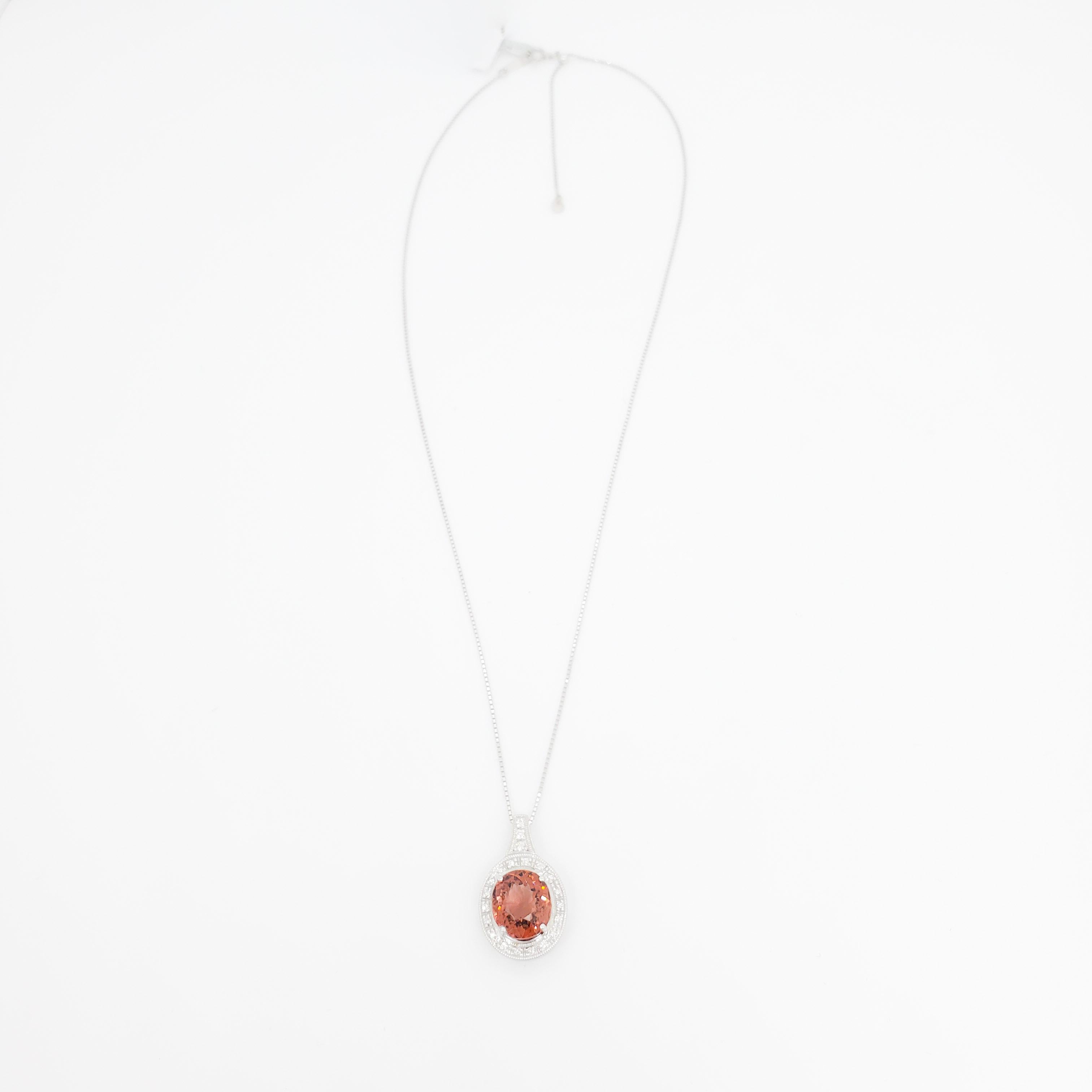 Women's or Men's Orange Pink Tourmaline and Diamond Pendant Necklace in Platinum For Sale