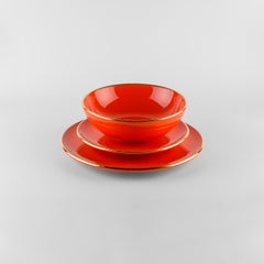 Orange plates gold rim: Soup, holder, side plate for 4. Handmade in Italy 2024
