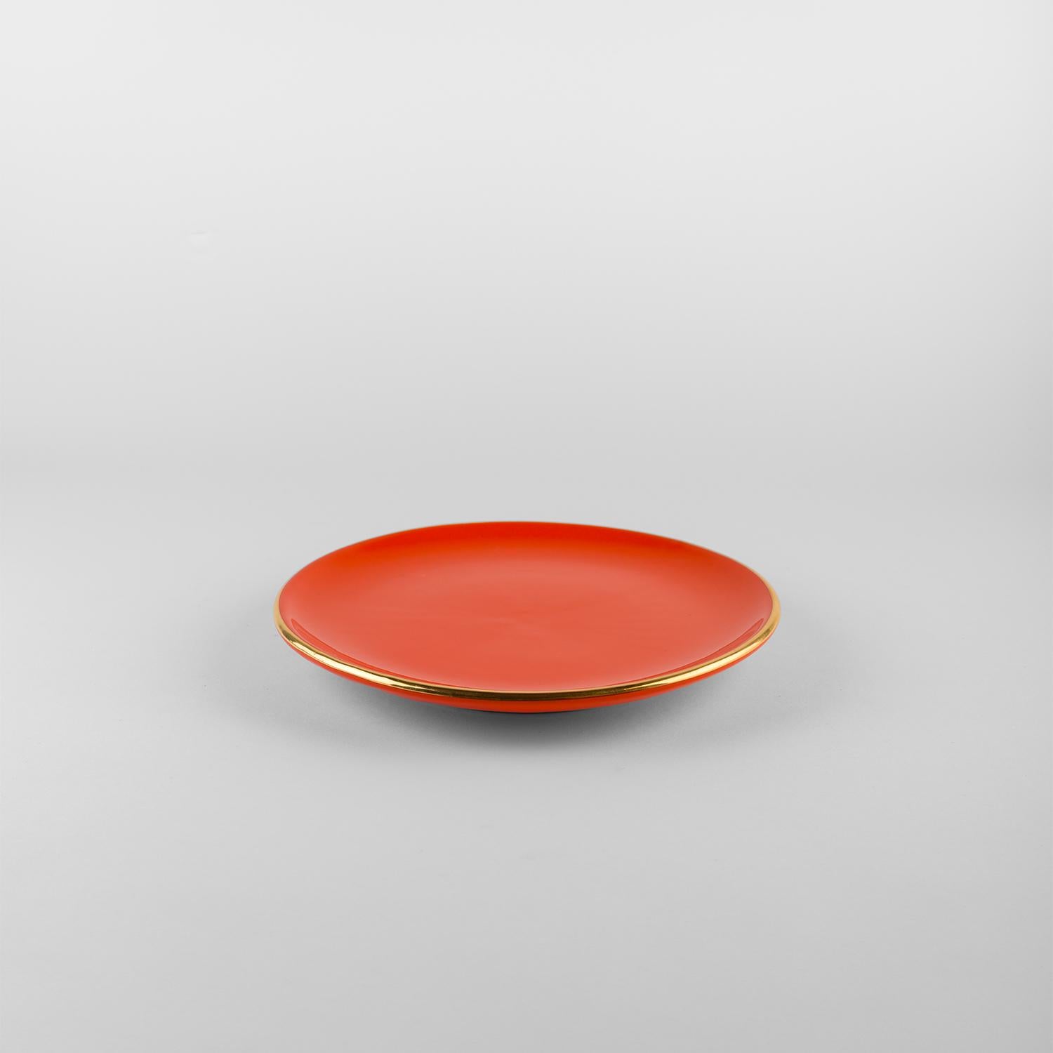 Platos naranjas borde dorado: Sopa, soporte, plato auxiliar para 4. Hecho a mano en Italia 2024 Italiano en venta