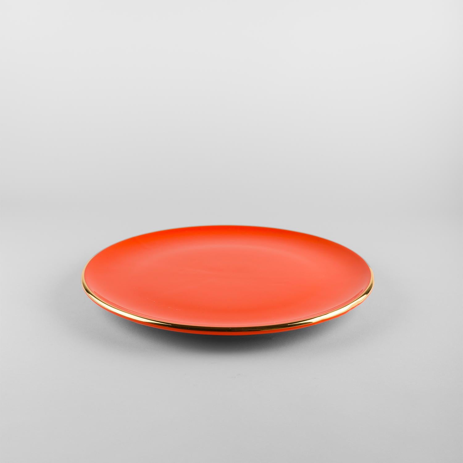 Platos naranjas borde dorado: Sopa, soporte, plato auxiliar para 4. Hecho a mano en Italia 2024 en Nuevo estado para la venta en San Miniato PI, IT