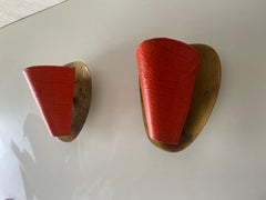 Orange Plexi Fabric Shade and Curved Brass Pair of Sconces, 1950s, Germany