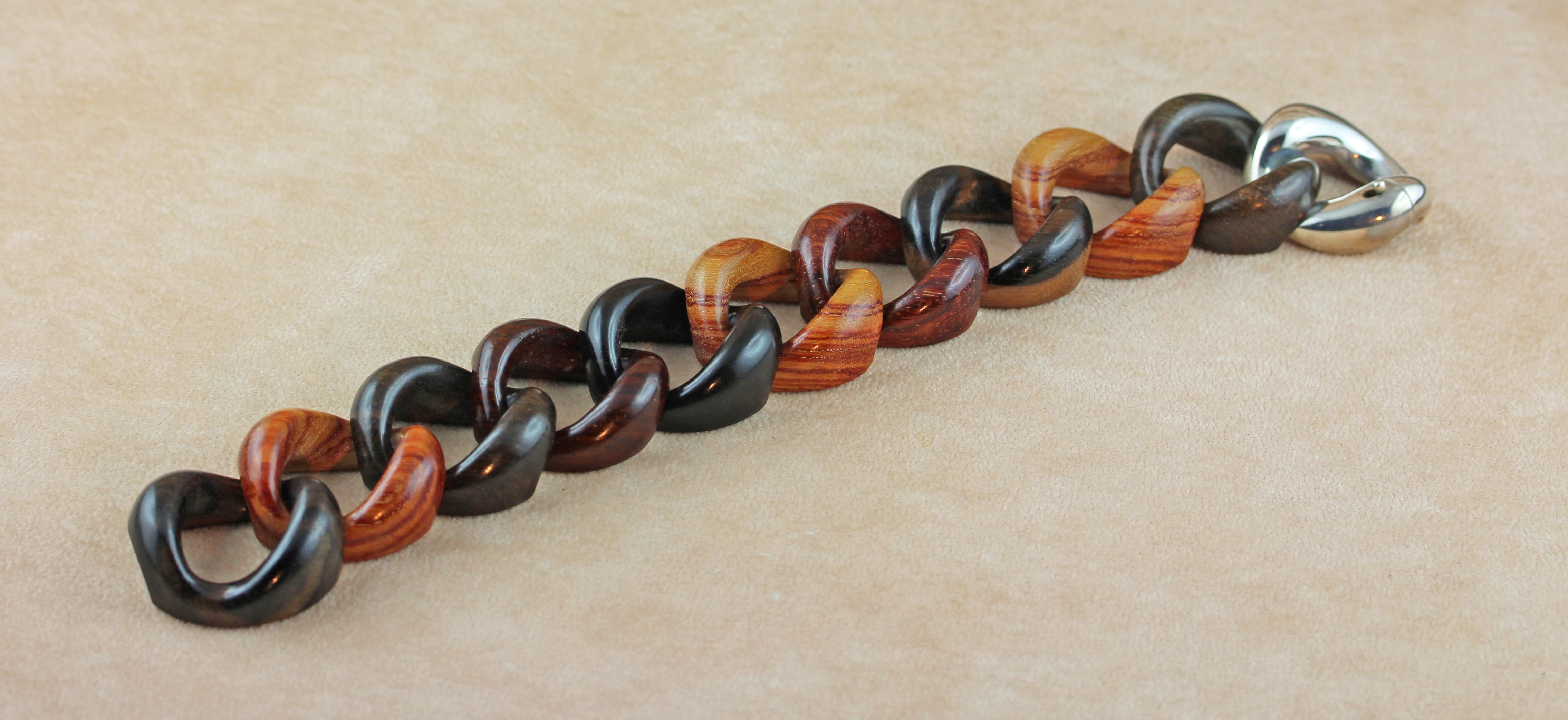 Contemporary Orange Purple Black Brown Wood 925 Silver Link Bracelet