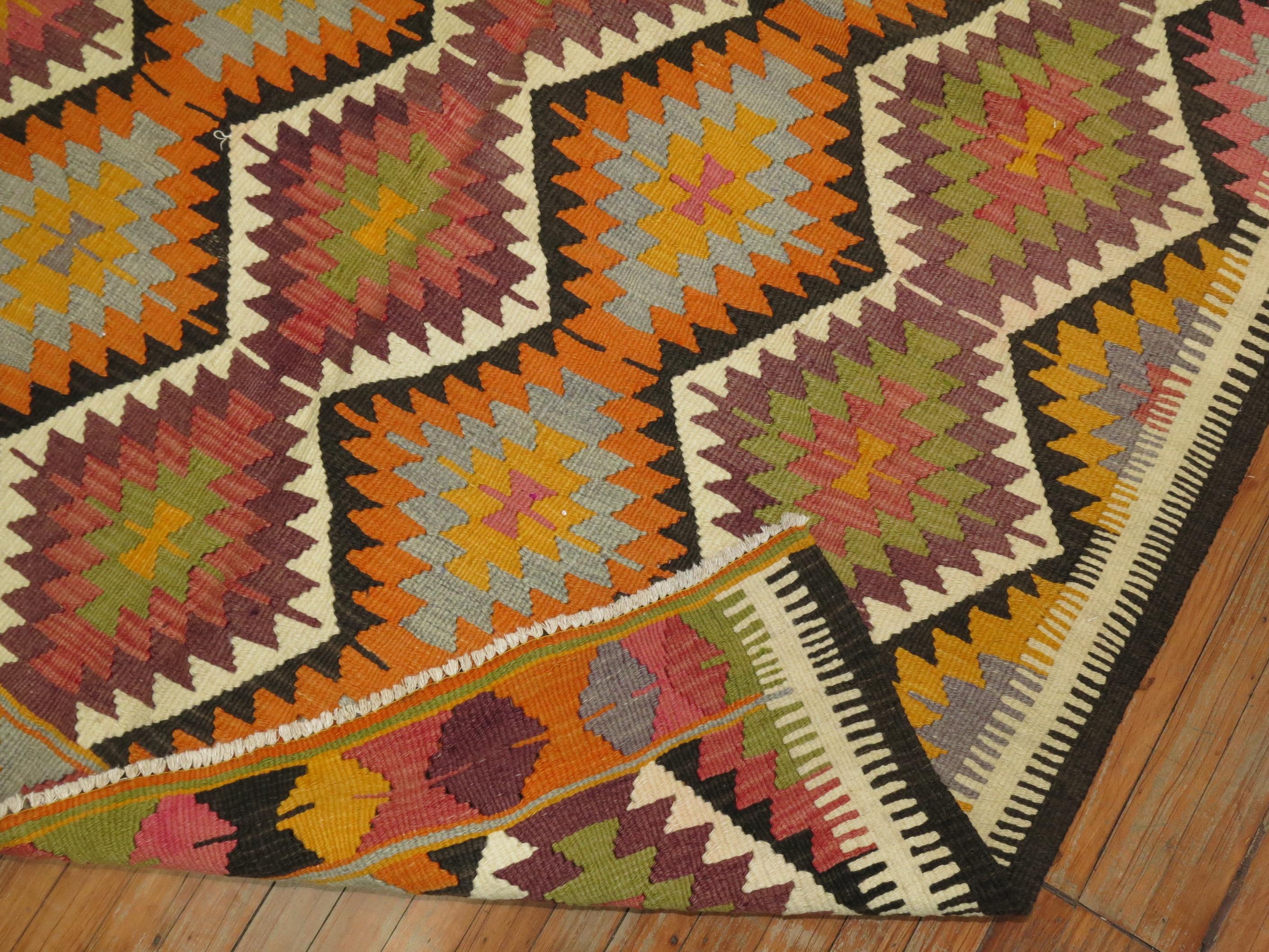Orange Purple Pink Yellow Accent Vintage Turkish Kilim In Good Condition For Sale In New York, NY