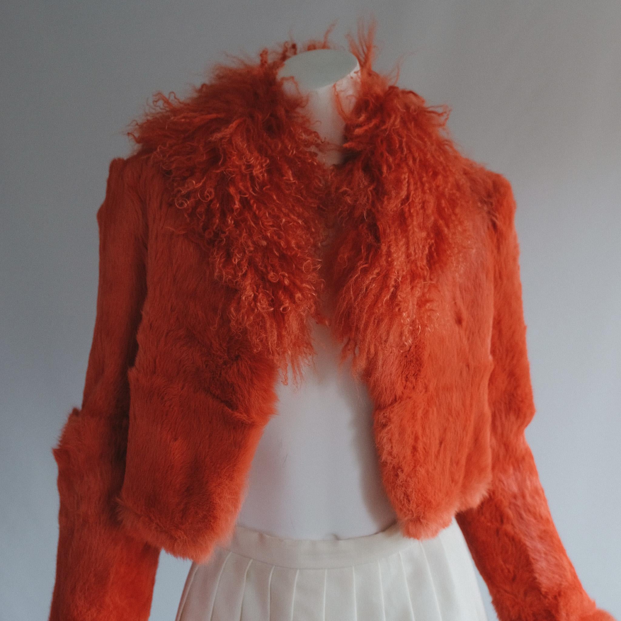 red faux fur cropped jacket