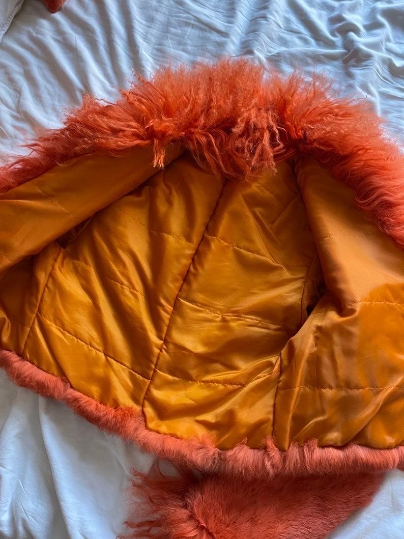Orange rabbit fur cropped Jacket with Mongolian Goat Trim Penny Lane  2
