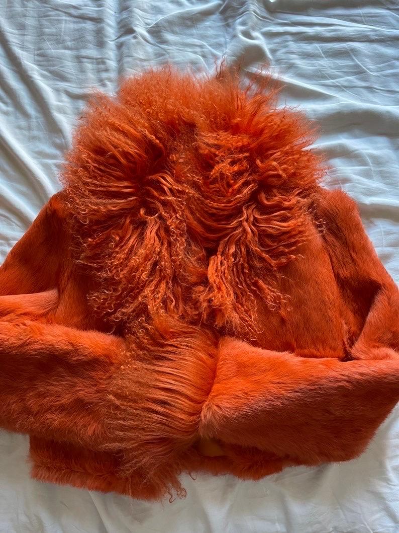 Orange rabbit fur cropped Jacket with Mongolian Goat Trim Penny Lane  1