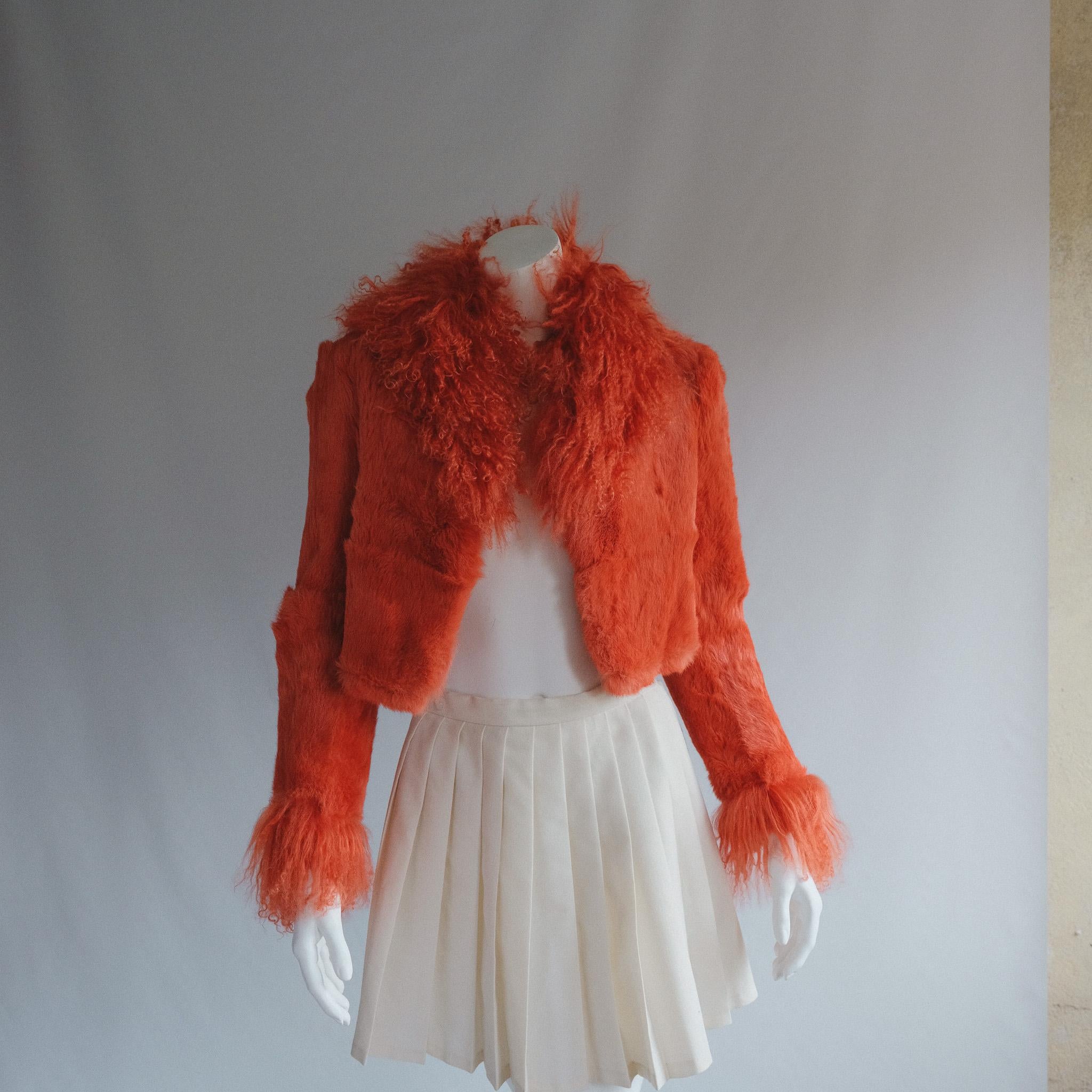 Orange rabbit fur cropped Jacket with Mongolian Goat Trim Penny Lane  In Excellent Condition In Berlin, DE