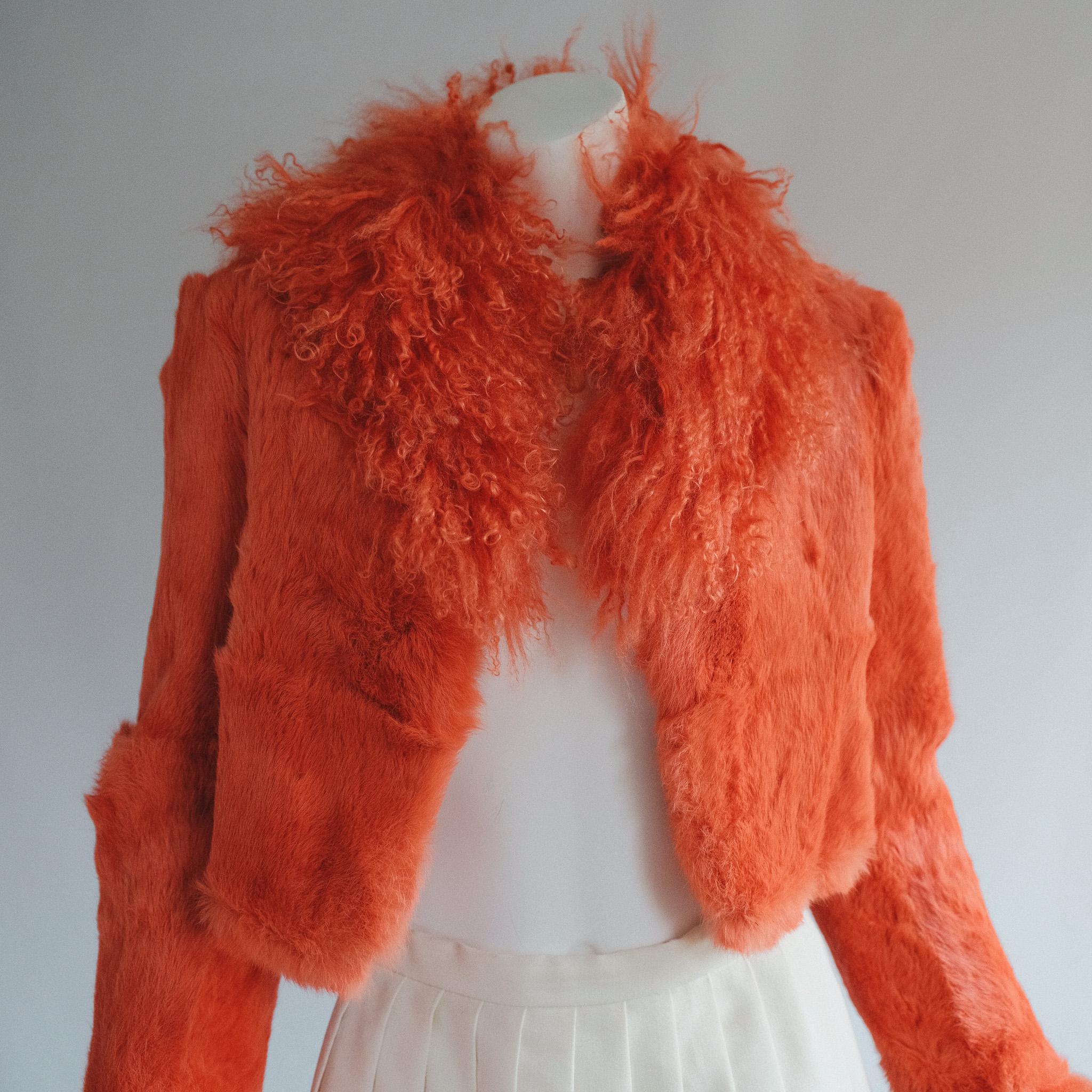 Women's or Men's Orange rabbit fur cropped Jacket with Mongolian Goat Trim Penny Lane 