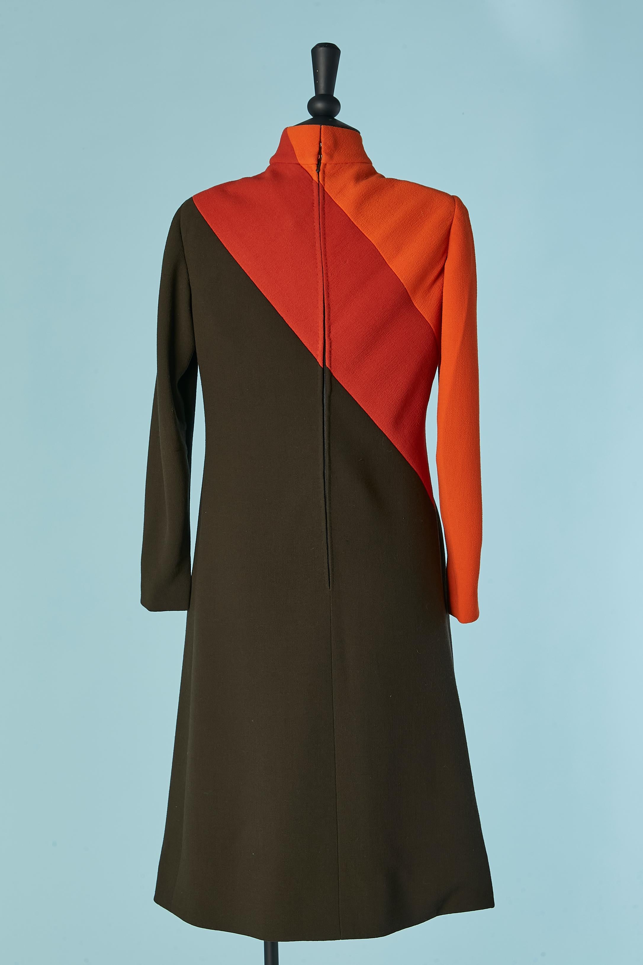 Women's Orange, red and brown wool patchwork dress Pierre Cardin Circa 1970's For Sale