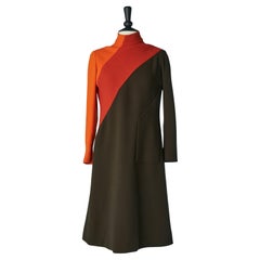 Abito patchwork in lana arancione, rossa e marrone Pierre Cardin Circa 1970