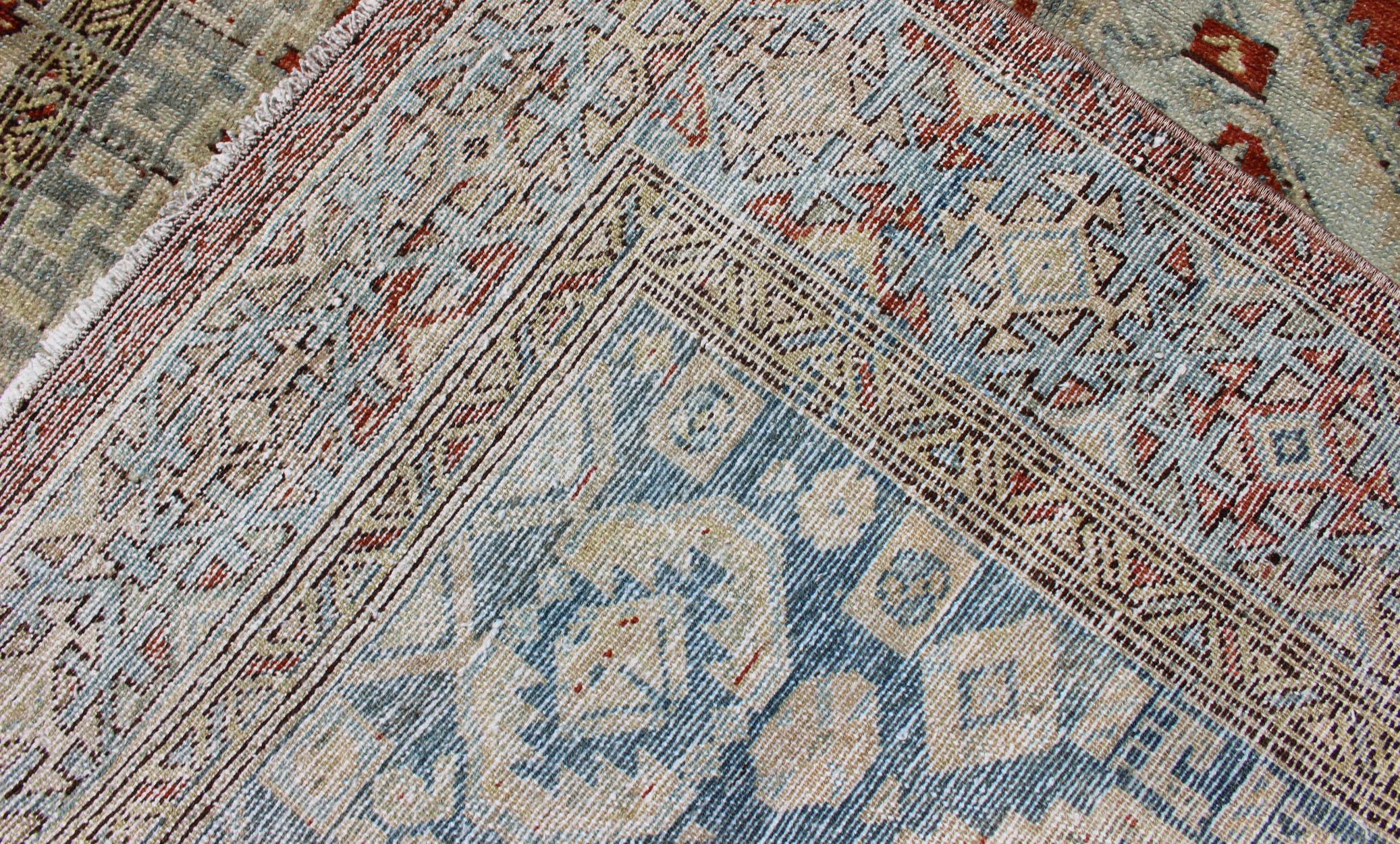 Orange-Red, Light Gray/Blue Antique Persian Malayer Rug with Geometric Design For Sale 3