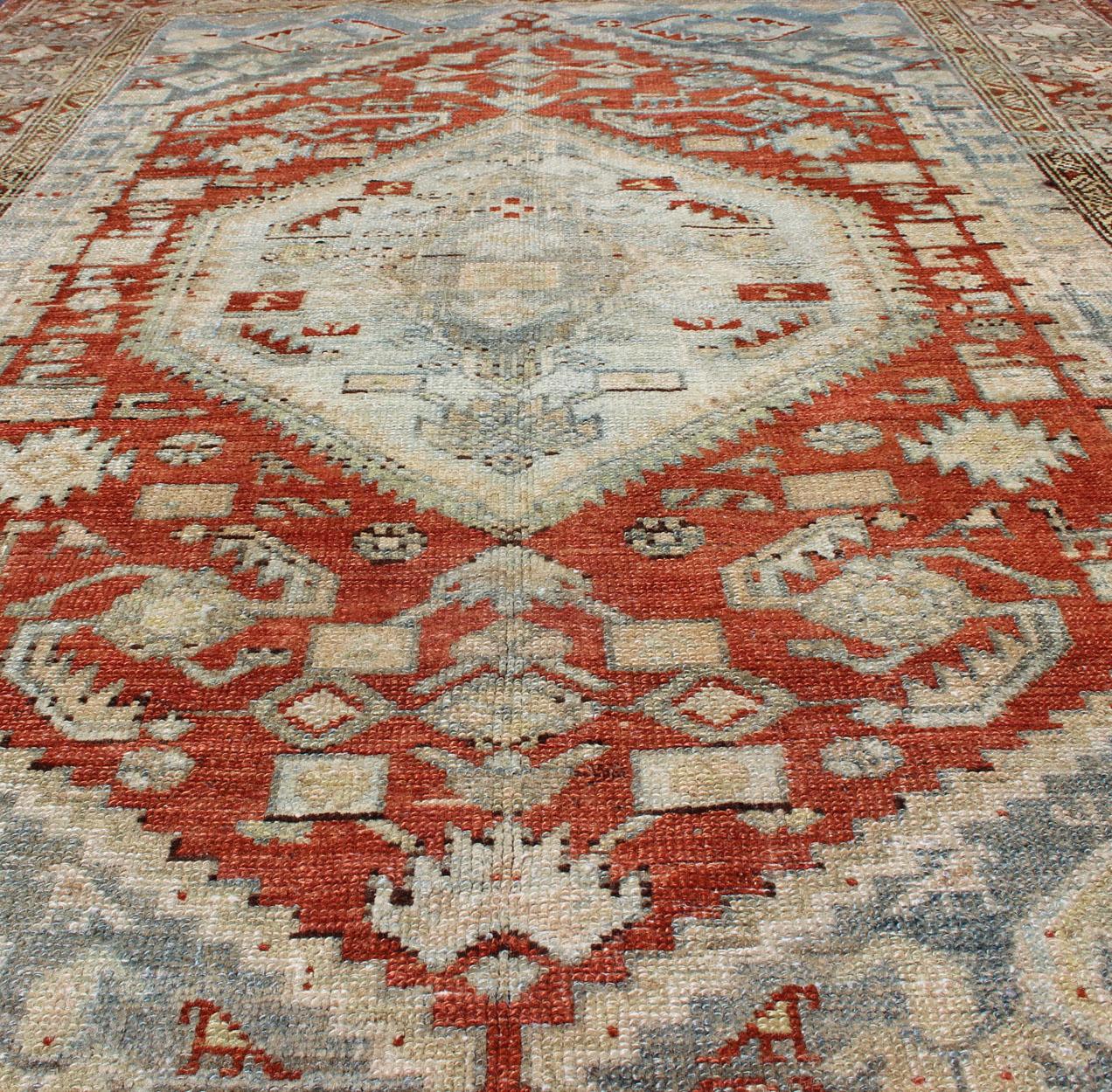 Hand-Knotted Orange-Red, Light Gray/Blue Antique Persian Malayer Rug with Geometric Design For Sale