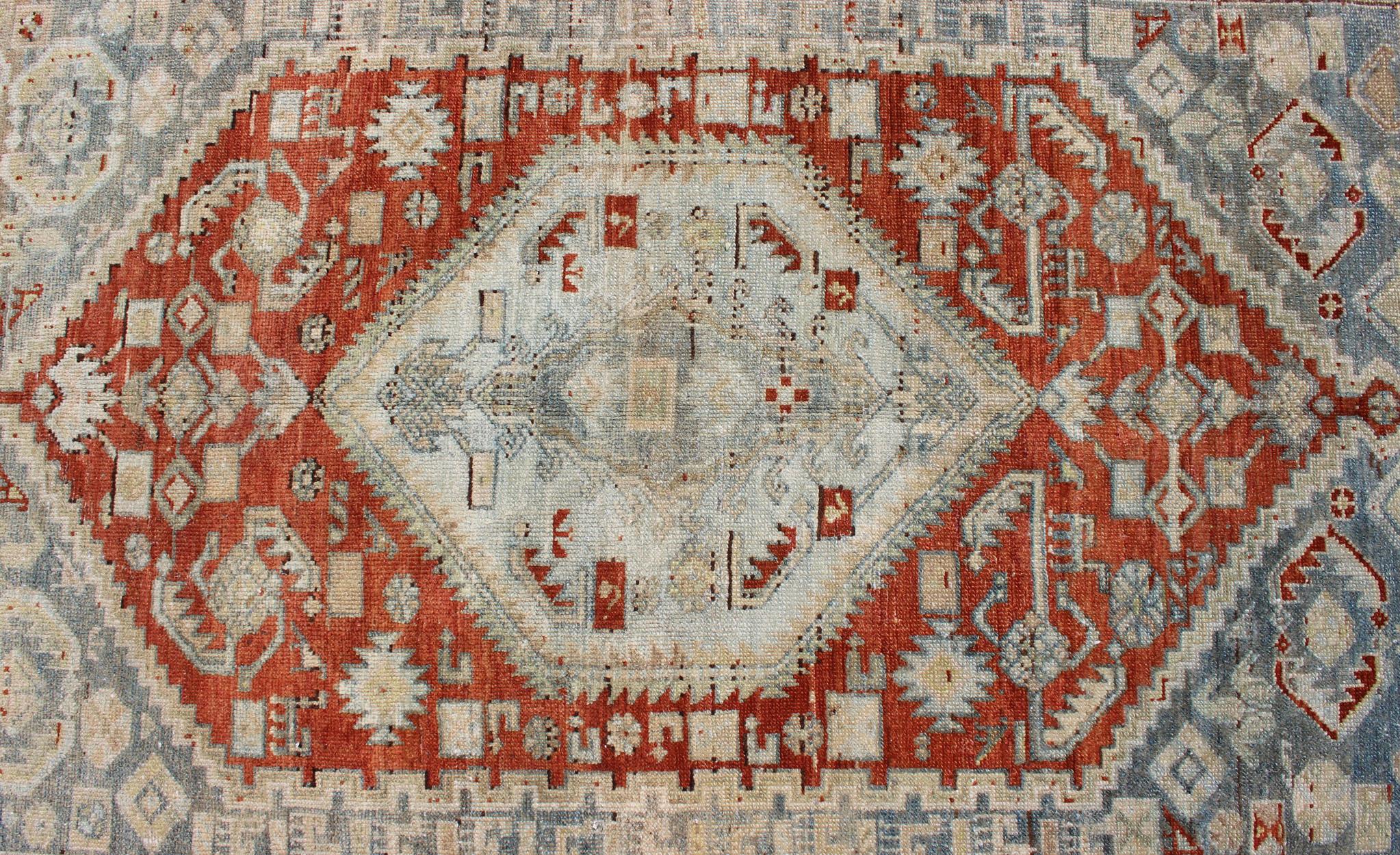 Orange-Red, Light Gray/Blue Antique Persian Malayer Rug with Geometric Design In Good Condition For Sale In Atlanta, GA