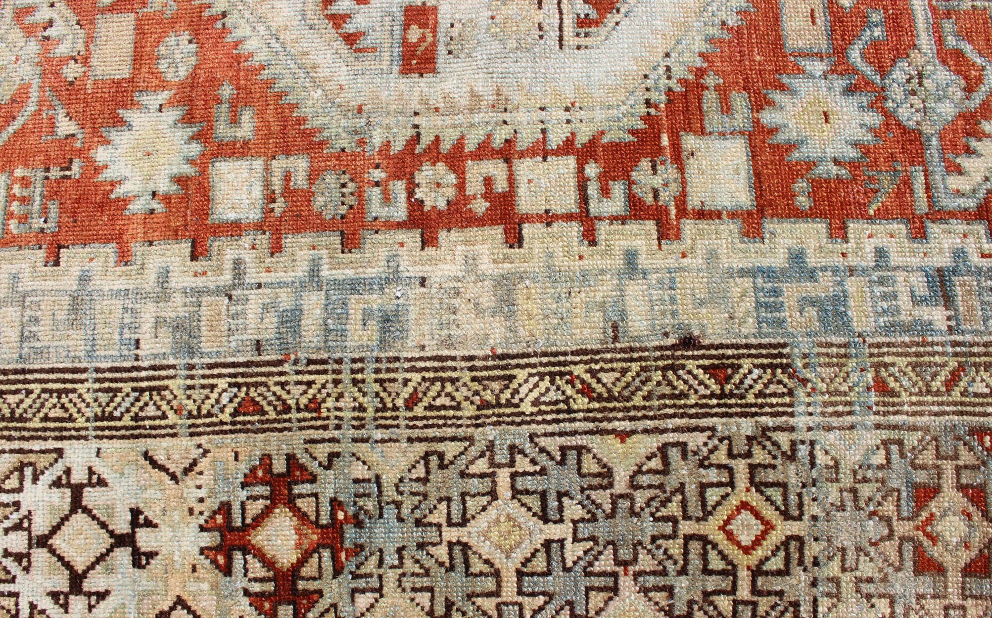 Early 20th Century Orange-Red, Light Gray/Blue Antique Persian Malayer Rug with Geometric Design For Sale