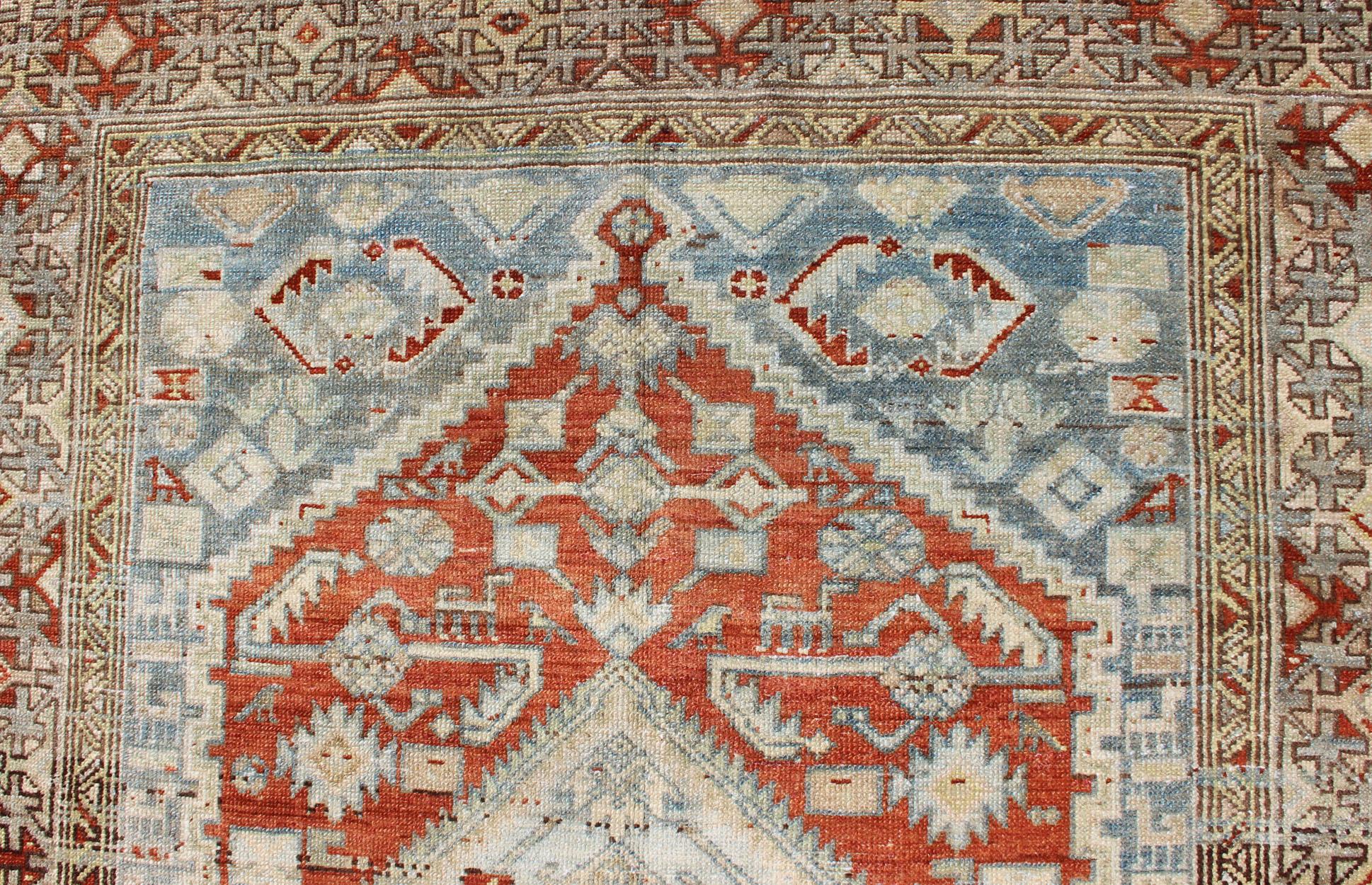 Wool Orange-Red, Light Gray/Blue Antique Persian Malayer Rug with Geometric Design For Sale