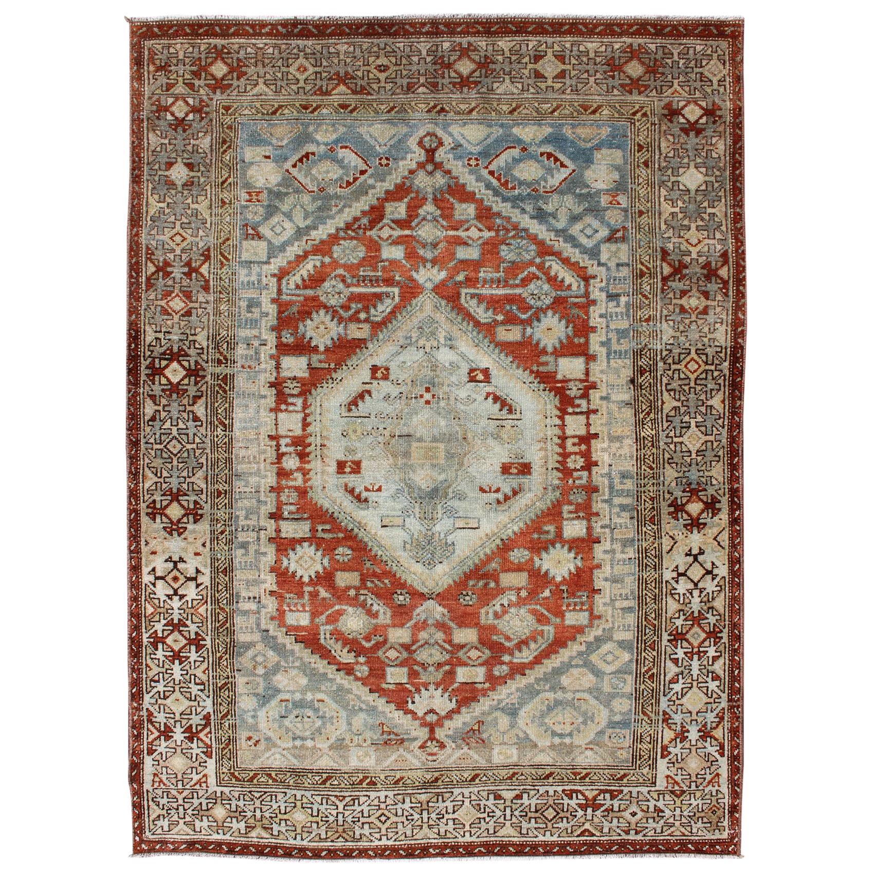 Orange-Red, Light Gray/Blue Antique Persian Malayer Rug with Geometric Design