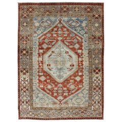 Tappeto antico persiano Malayer con disegno geometrico, arancione-rosso e grigio chiaro/blu