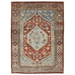 Orange-Red, Light Gray/Blue Antique Persian Malayer Rug with Geometric Design