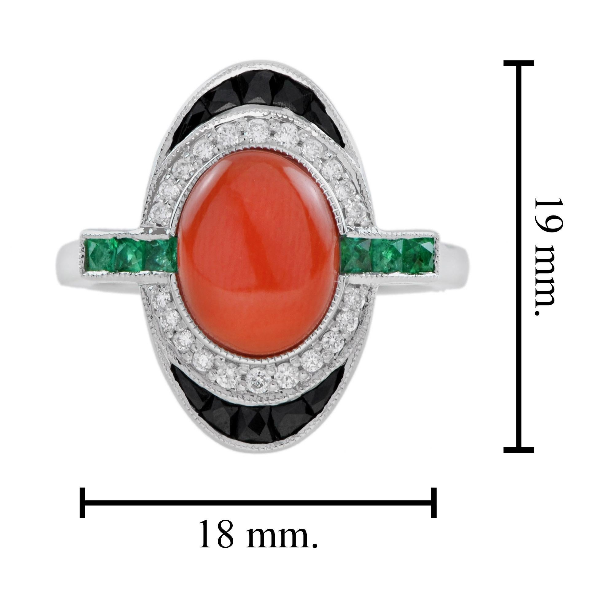 Orange Red Coral & Black Diamond Emerald Onyx Art Deco Style 14K White Gold Ring in vendita 4