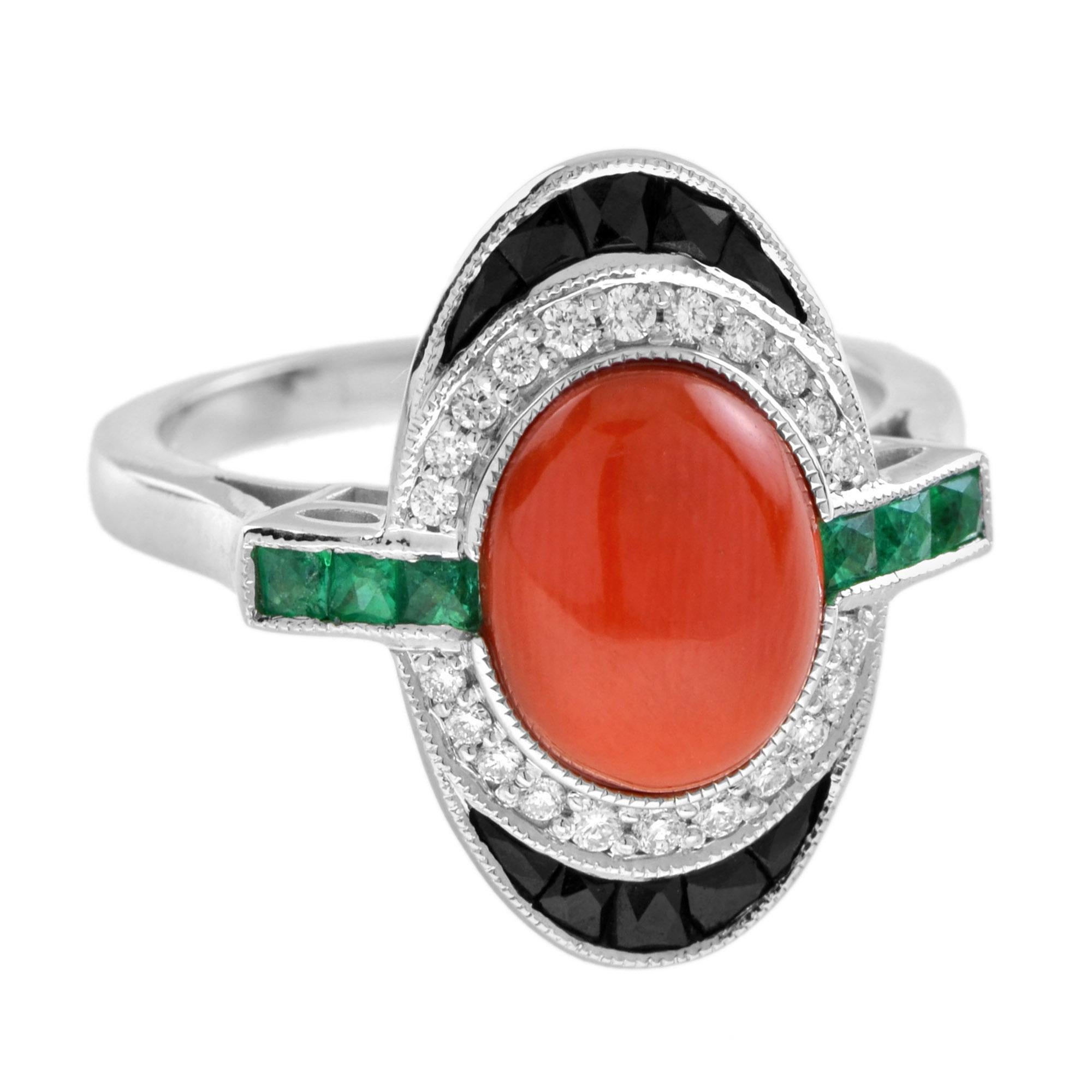 An strikingly dramatic, classic Art Deco colors and design artfully combine in this ultra chic dinner ring. The combination of coral, diamond, emerald and black onyx are crafted in 14k white gold. This is relatively delicate ring.
Ring