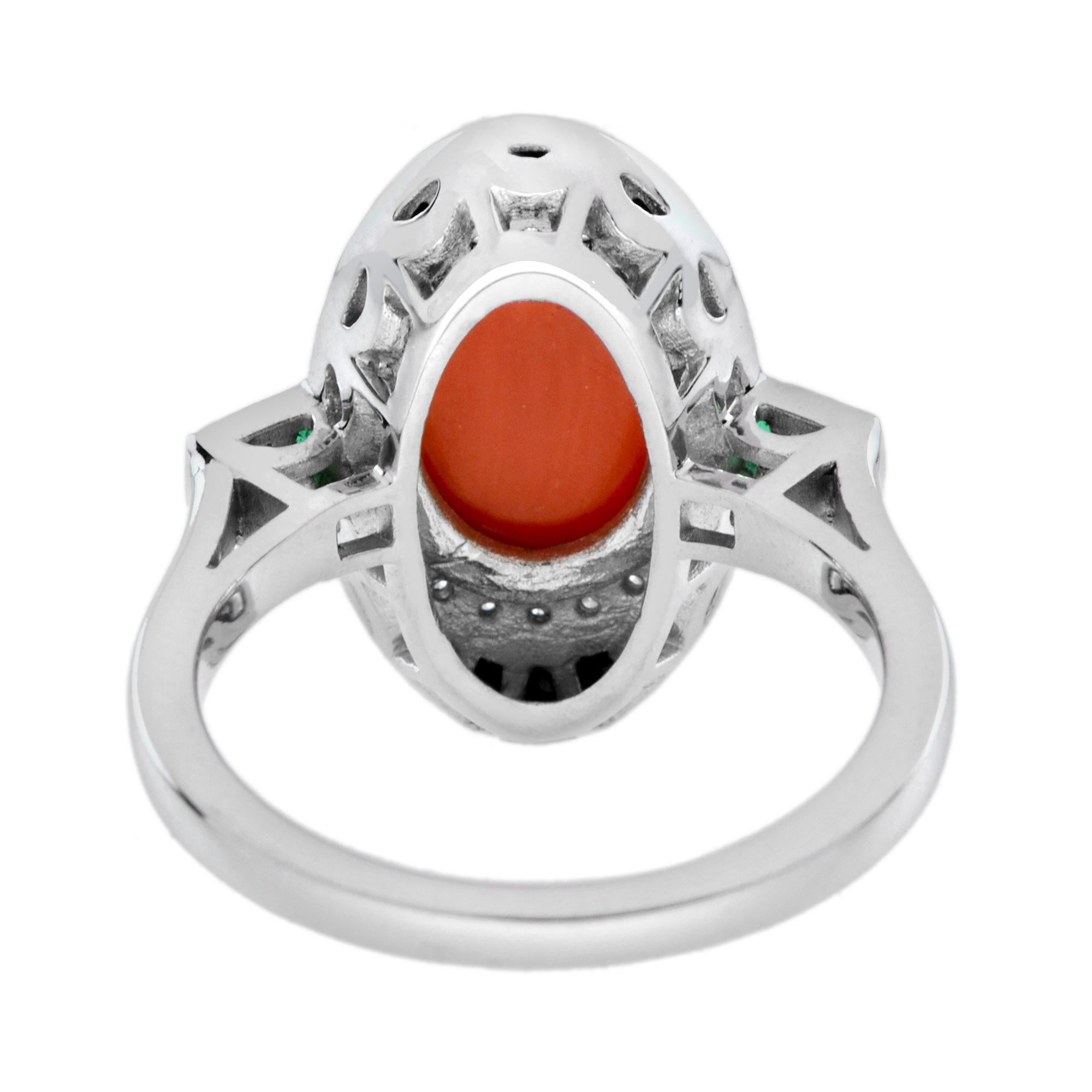 Cabochon Orange Red Coral & Black Diamond Emerald Onyx Art Deco Style 14K White Gold Ring in vendita