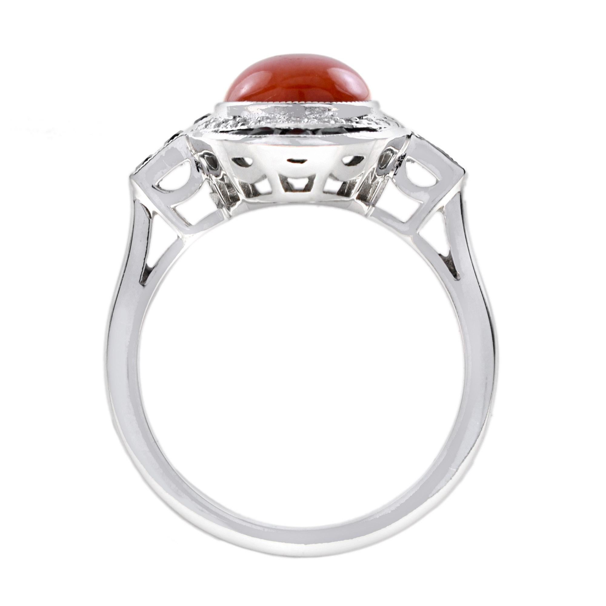 Orange Red Coral & Black Diamond Emerald Onyx Art Deco Style 14K White Gold Ring In condizioni Nuovo in vendita a Oakton, VA