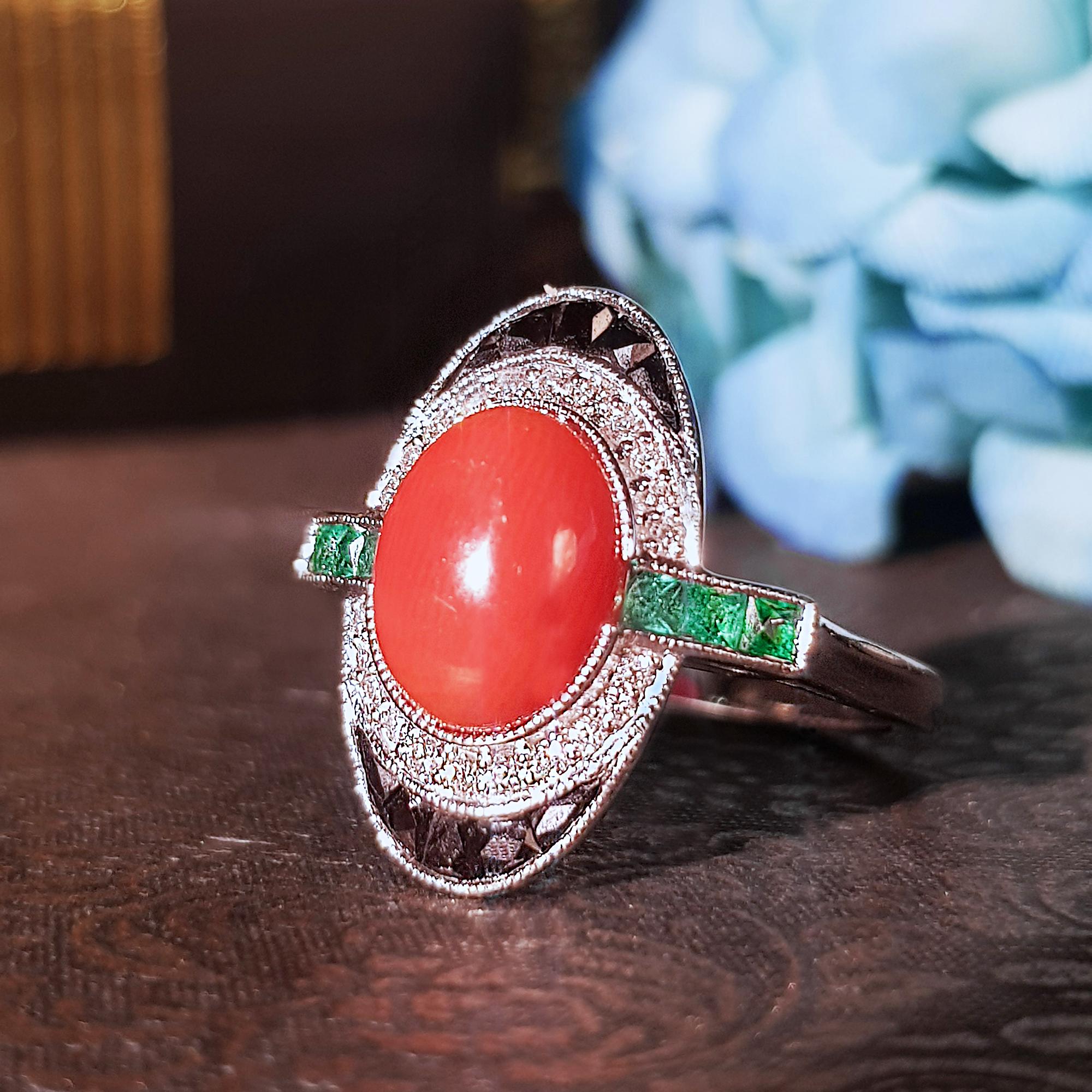 Donna Orange Red Coral & Black Diamond Emerald Onyx Art Deco Style 14K White Gold Ring in vendita