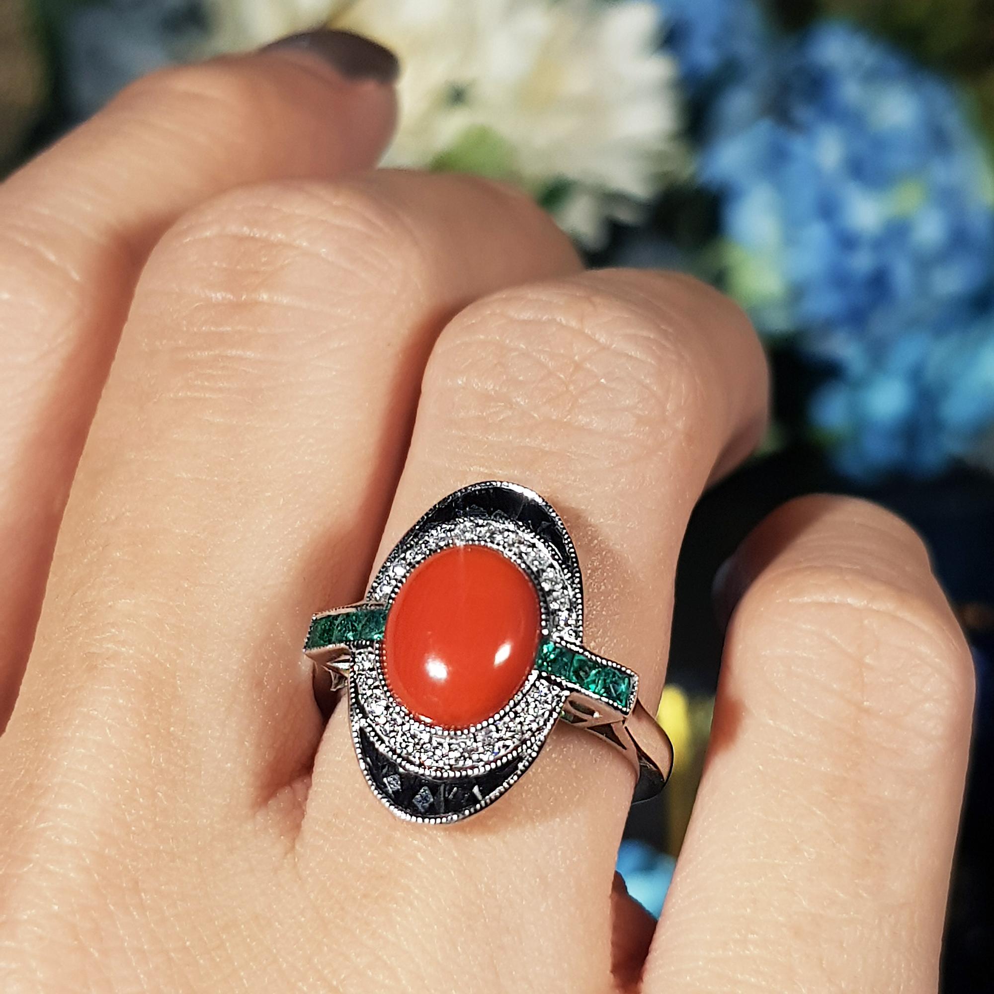 Orange Red Coral & Black Diamond Emerald Onyx Art Deco Style 14K White Gold Ring in vendita 2
