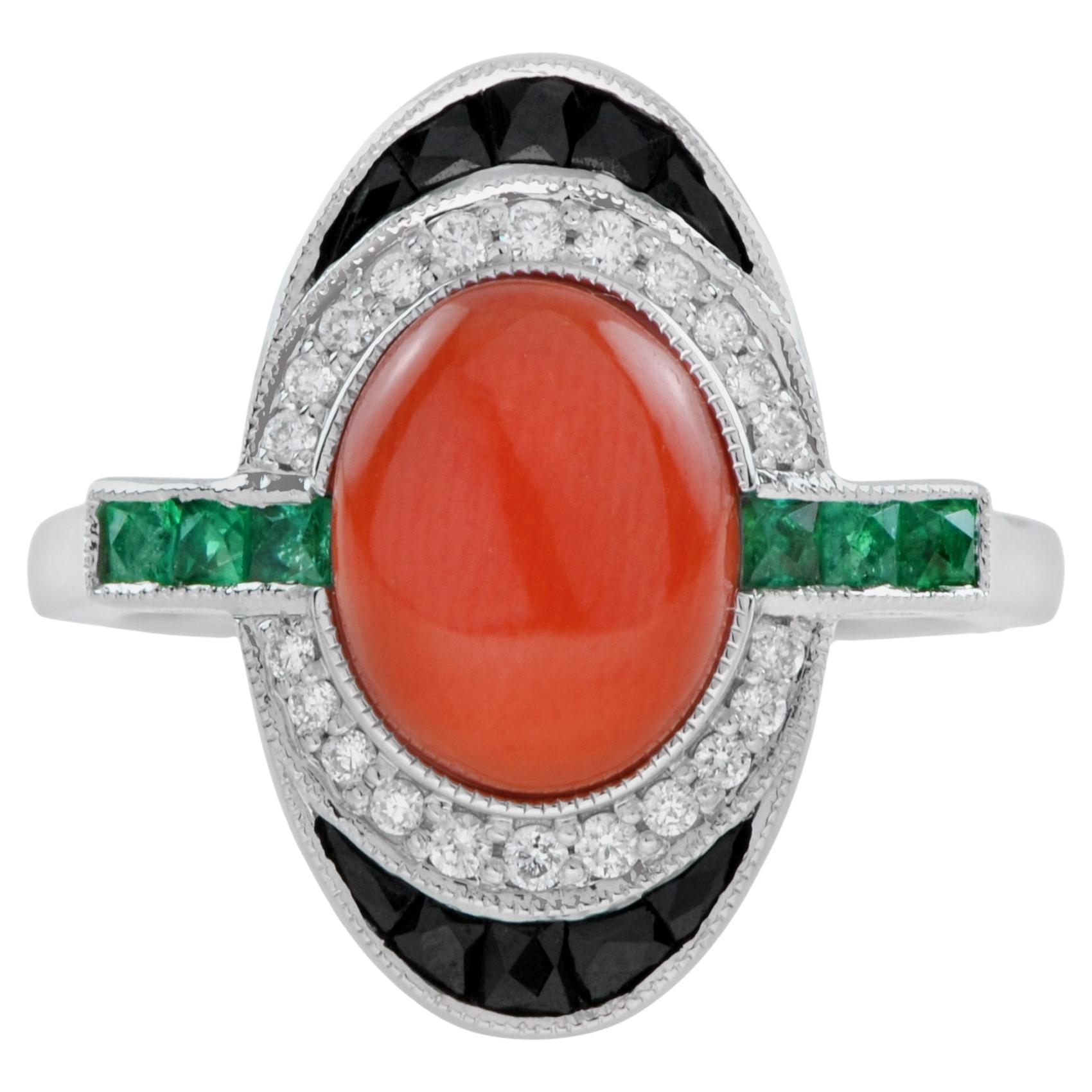 Orange Red Coral & Black Diamond Emerald Onyx Art Deco Style 14K White Gold Ring