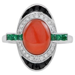 Orange Red Coral & Black Diamond Emerald Onyx Art Deco Style 14K White Gold Ring