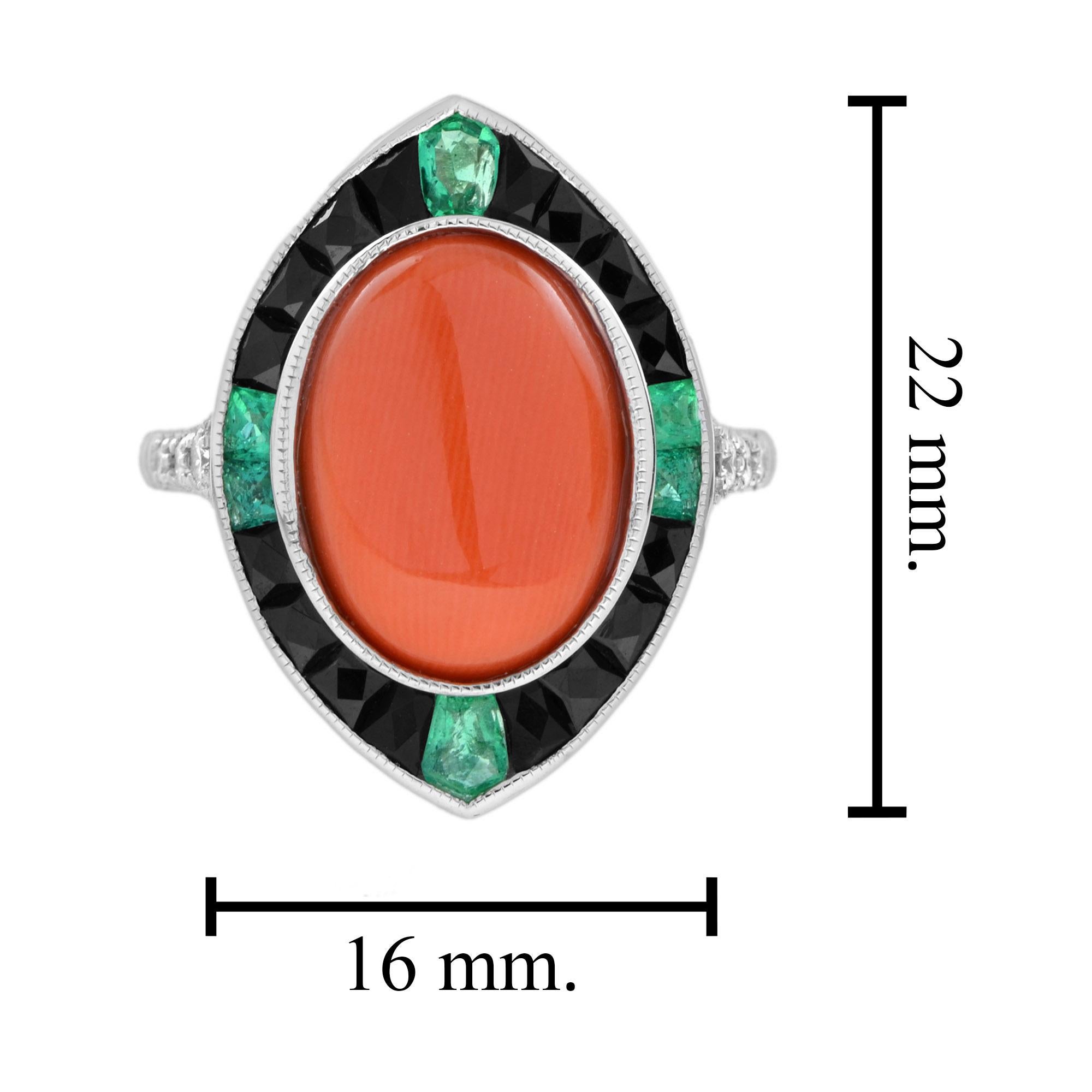 Orange Red Coral Diamond Emerald Black Onyx Art Deco Style 14K White Gold Ring in vendita 4