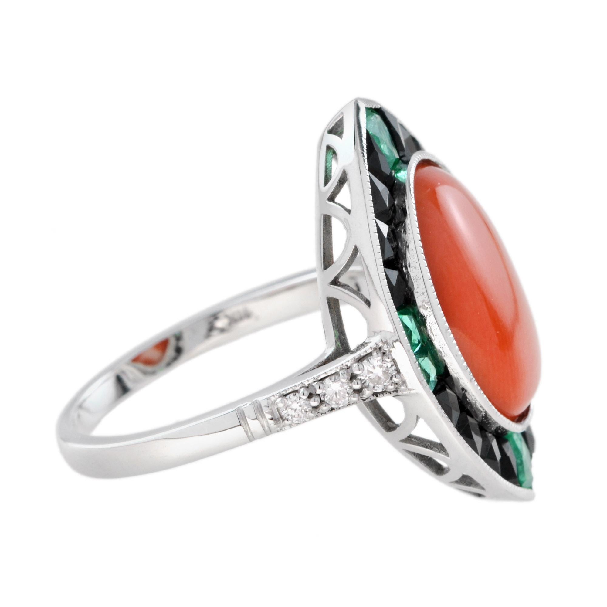 Art Déco Orange Red Coral Diamond Emerald Black Onyx Art Deco Style 14K White Gold Ring in vendita