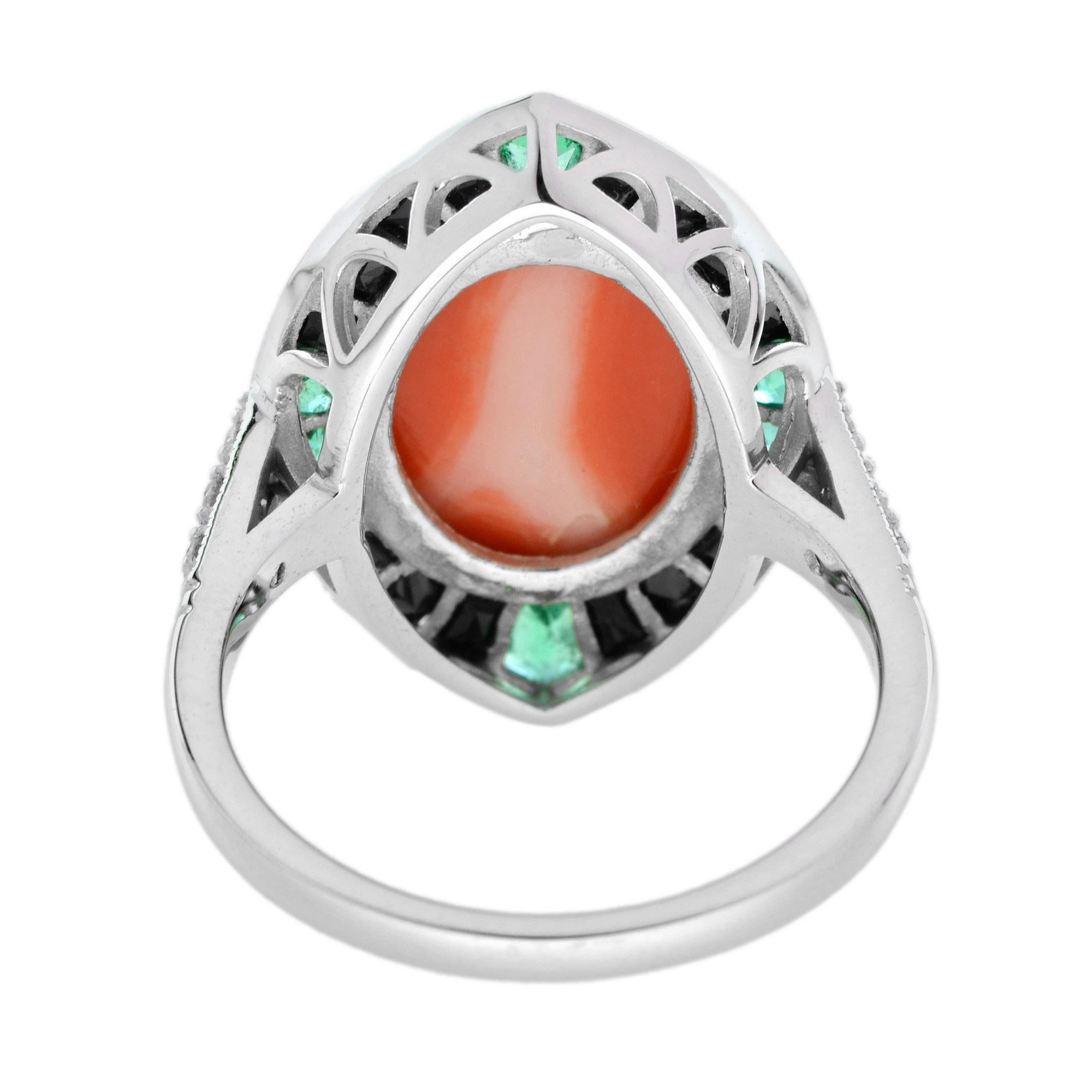 Cabochon Orange Red Coral Diamond Emerald Black Onyx Art Deco Style 14K White Gold Ring in vendita