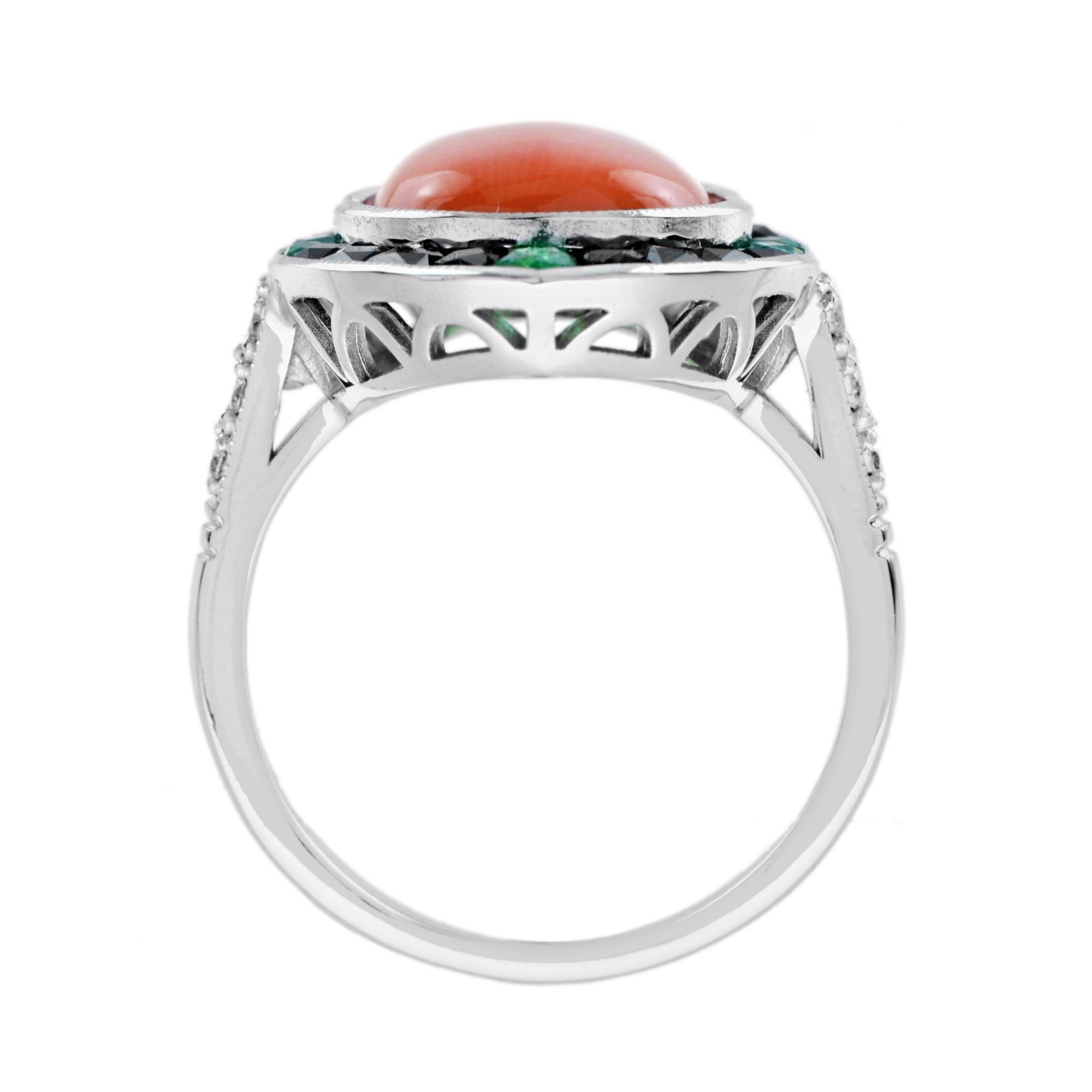 Orange Red Coral Diamond Emerald Black Onyx Art Deco Style 14K White Gold Ring In condizioni Nuovo in vendita a Oakton, VA
