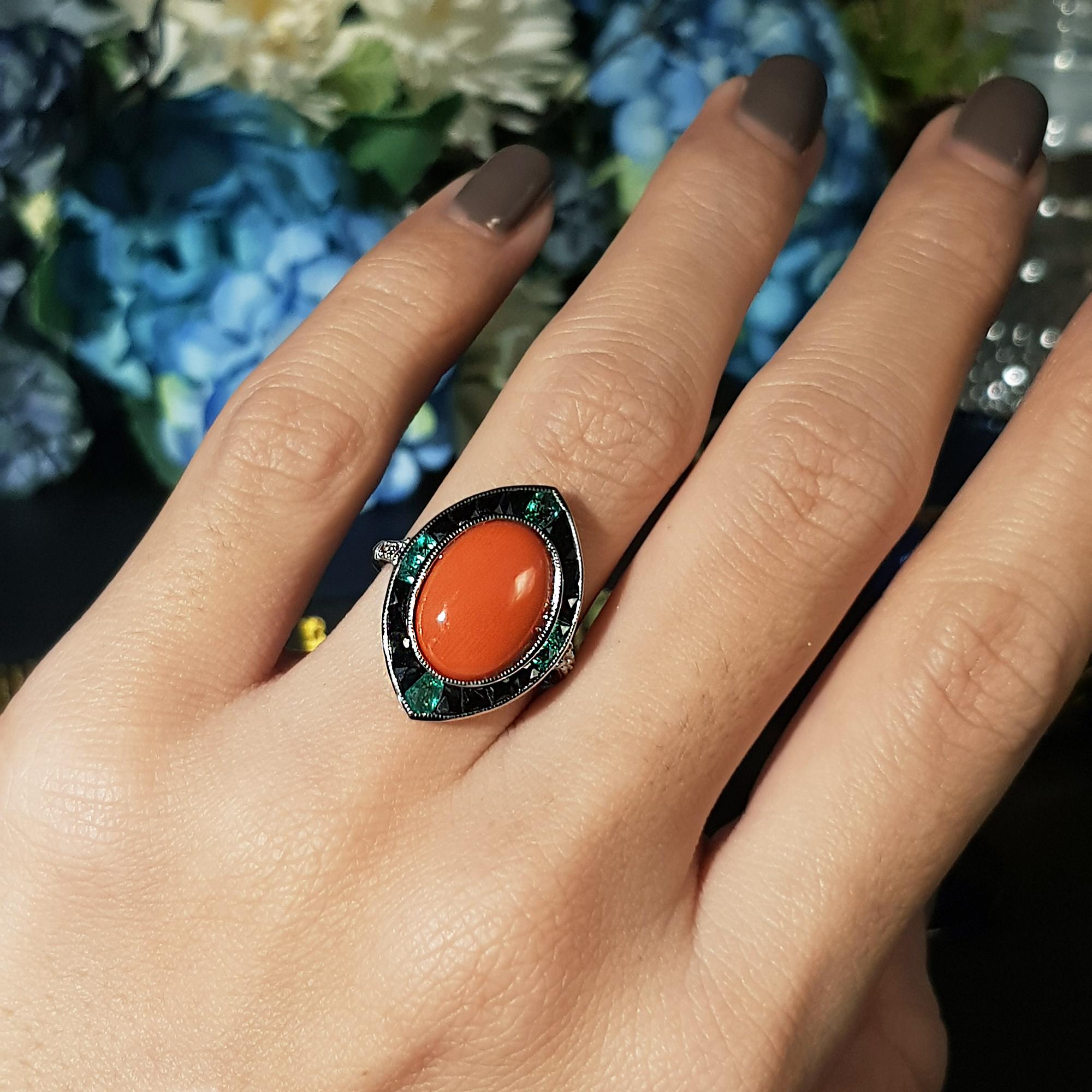 Orange Red Coral Diamond Emerald Black Onyx Art Deco Style 14K White Gold Ring in vendita 2