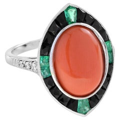 Orange Red Coral Diamond Emerald Black Onyx Art Deco Style 14K White Gold Ring