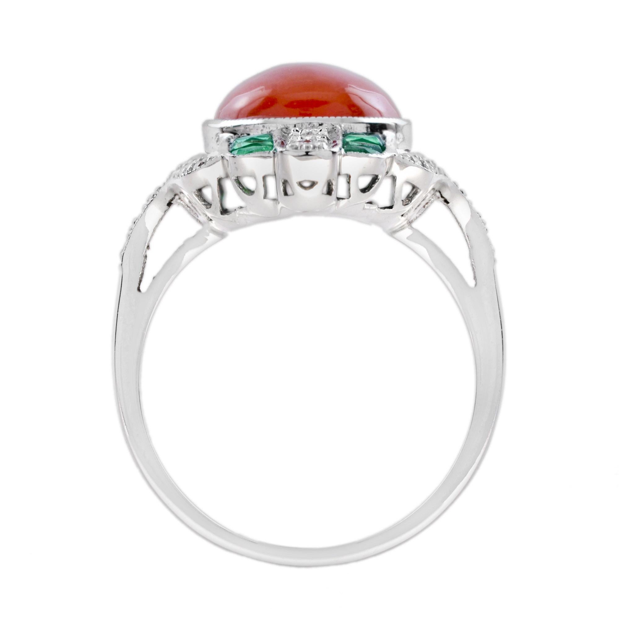 Art Déco Orange Red Coral Diamond & Green Emerald Art Deco Style White Gold Ring in vendita