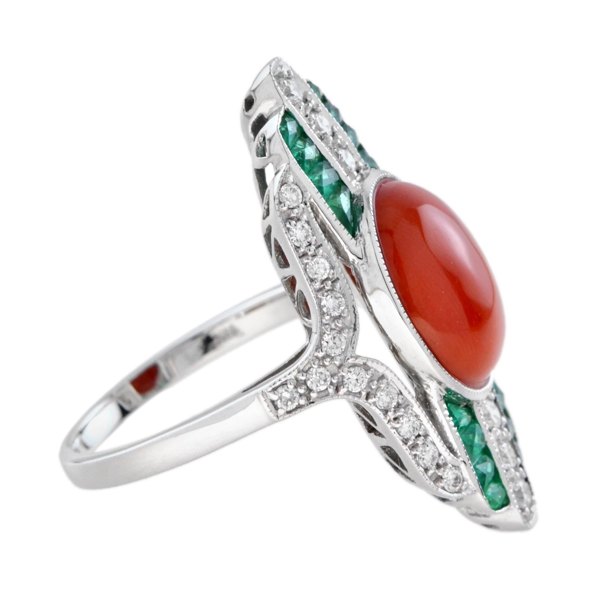 Cabochon Orange Red Coral Diamond & Green Emerald Art Deco Style White Gold Ring in vendita