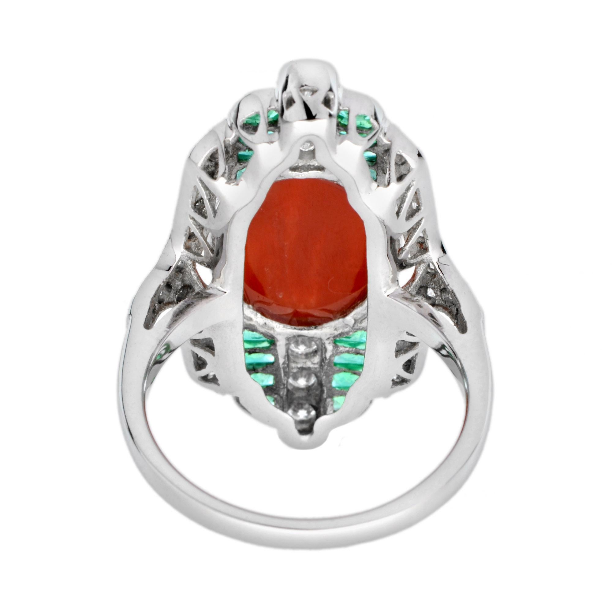 Orange Red Coral Diamond & Green Emerald Art Deco Style White Gold Ring In condizioni Nuovo in vendita a Oakton, VA