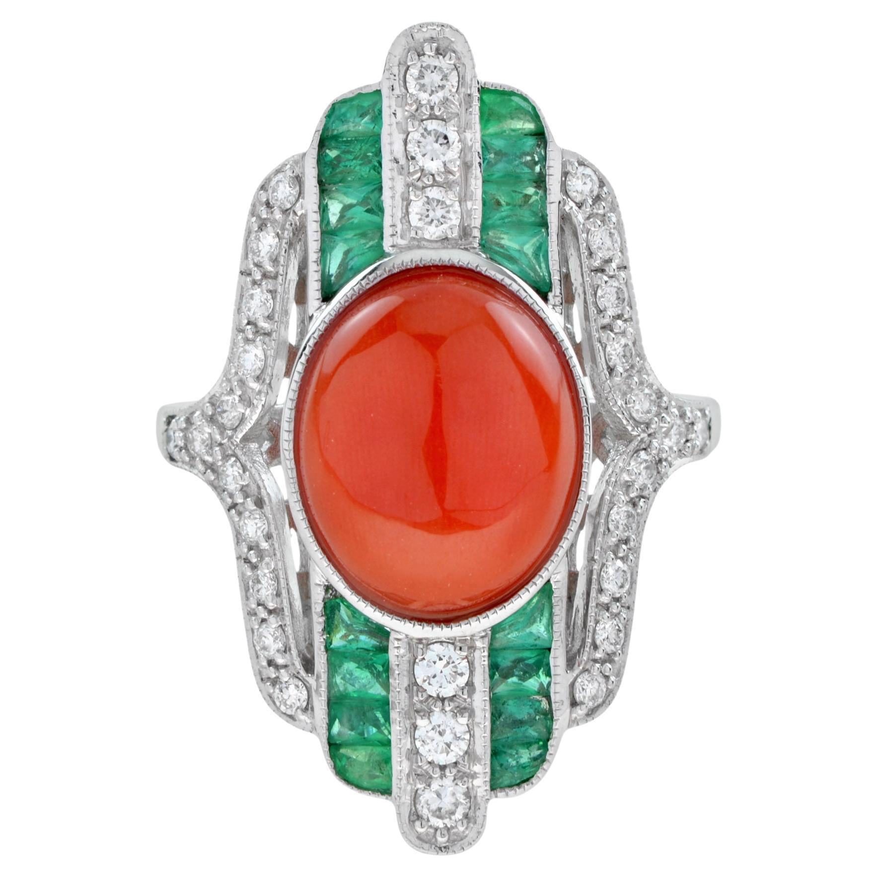 Orange Red Coral Diamond & Green Emerald Art Deco Style White Gold Ring