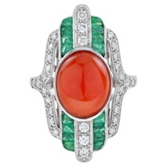Orange Red Coral Diamond & Green Emerald Art Deco Style White Gold Ring