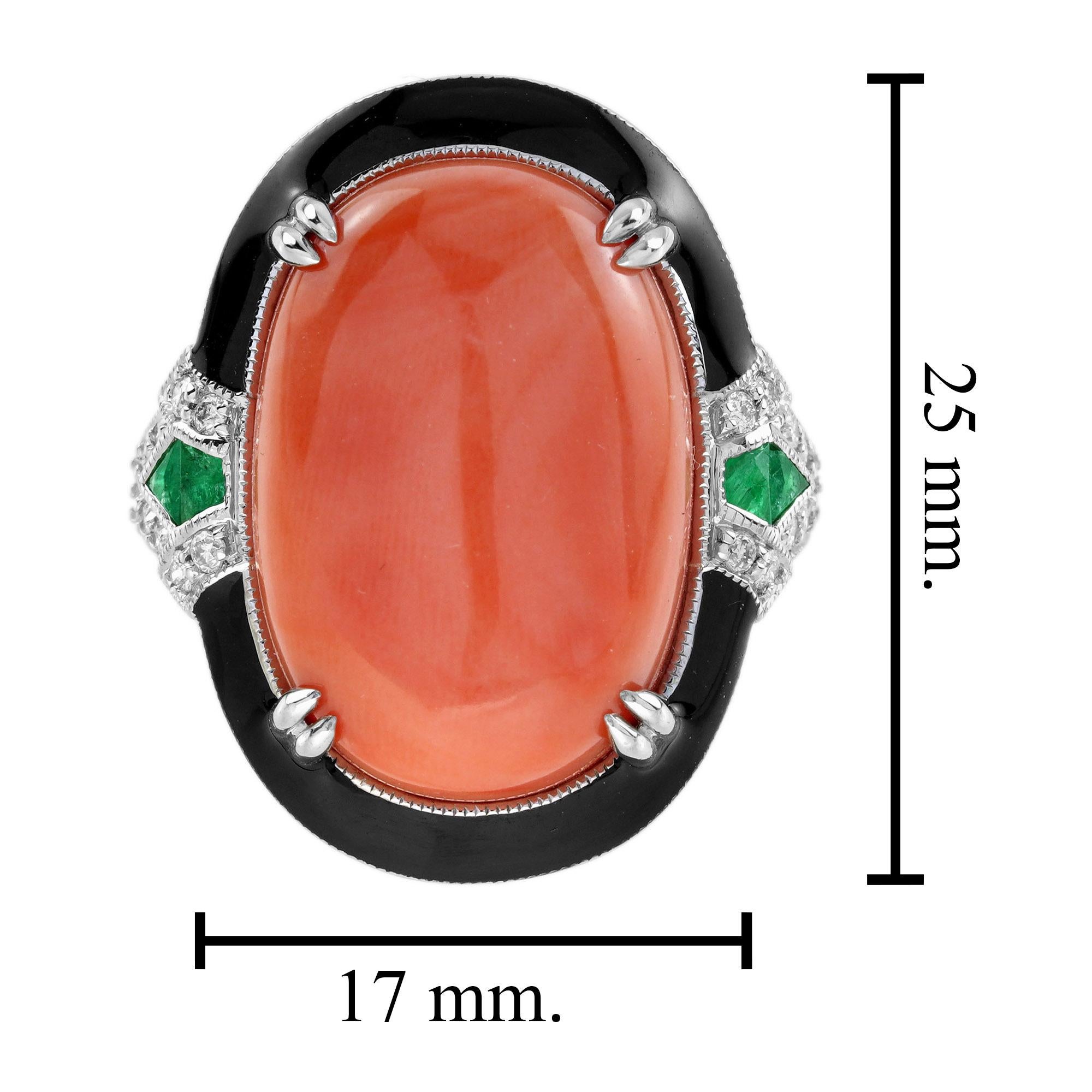 Orange Red Coral Emerald Diamond Art Deco Style 14K White Gold Black Enamel Ring in vendita 5
