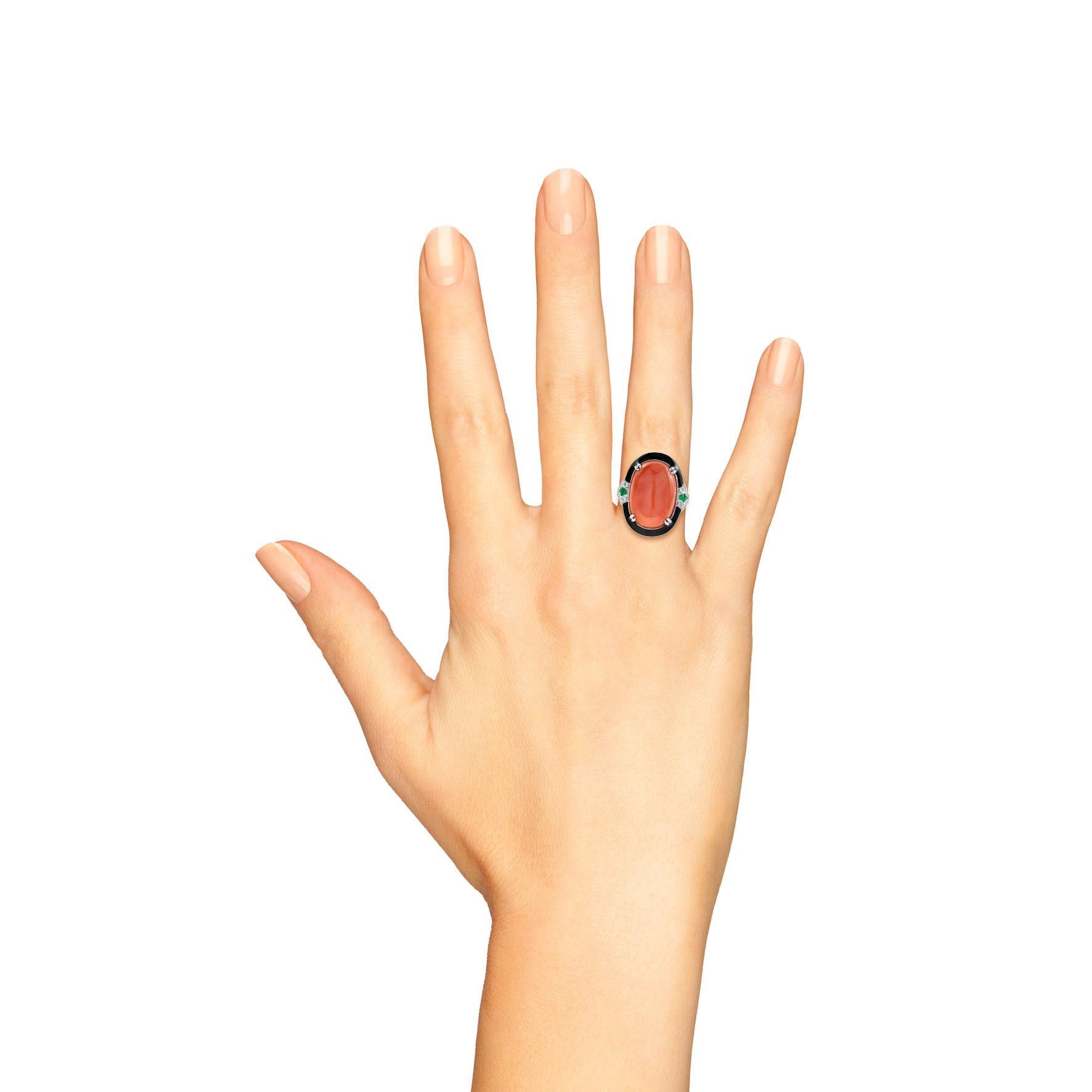 Orange Red Coral Emerald Diamond Art Deco Style 14K White Gold Black Enamel Ring in vendita 6