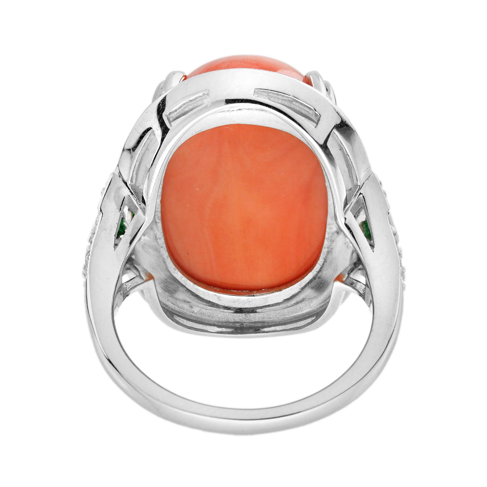 Art Déco Orange Red Coral Emerald Diamond Art Deco Style 14K White Gold Black Enamel Ring in vendita