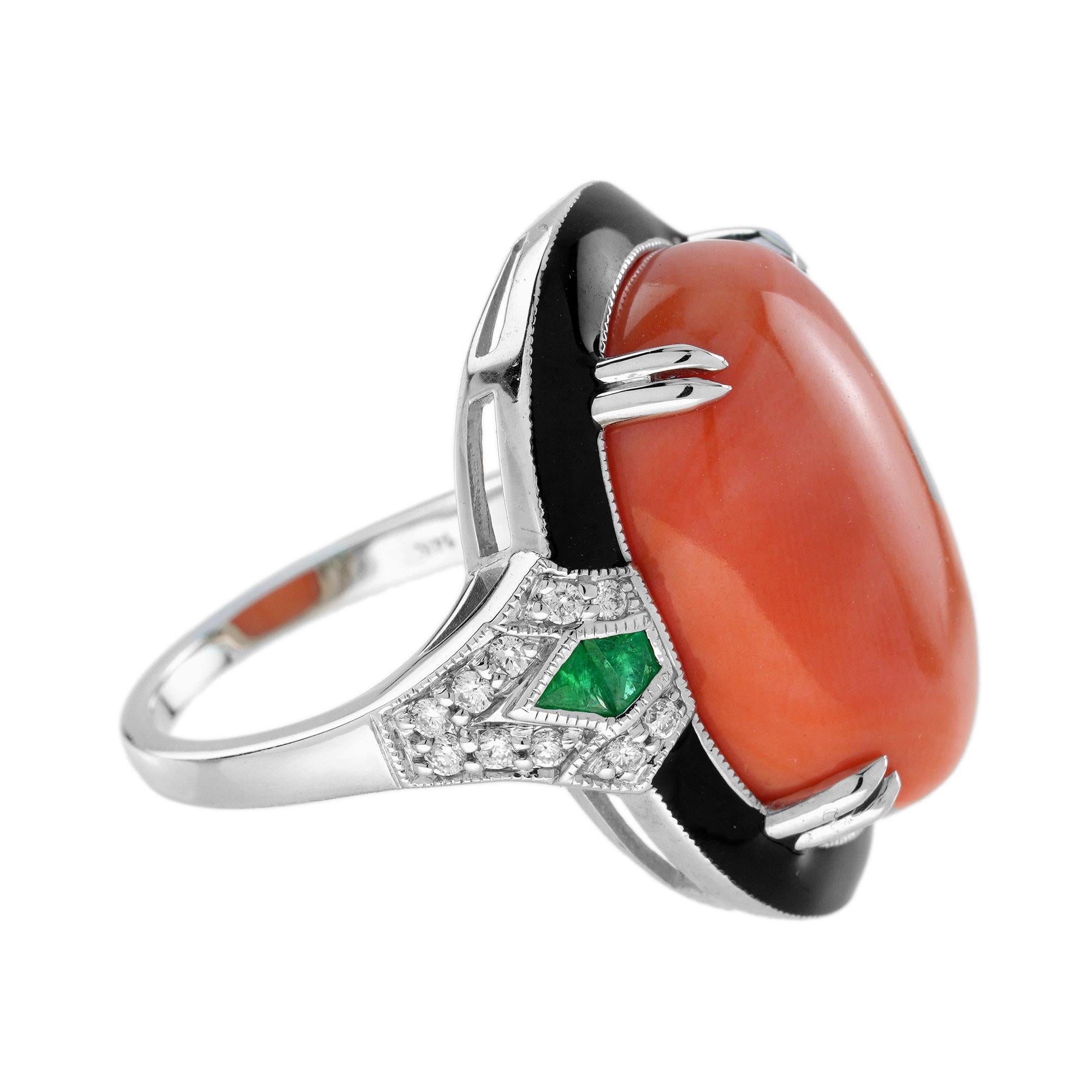 Cabochon Orange Red Coral Emerald Diamond Art Deco Style 14K White Gold Black Enamel Ring in vendita