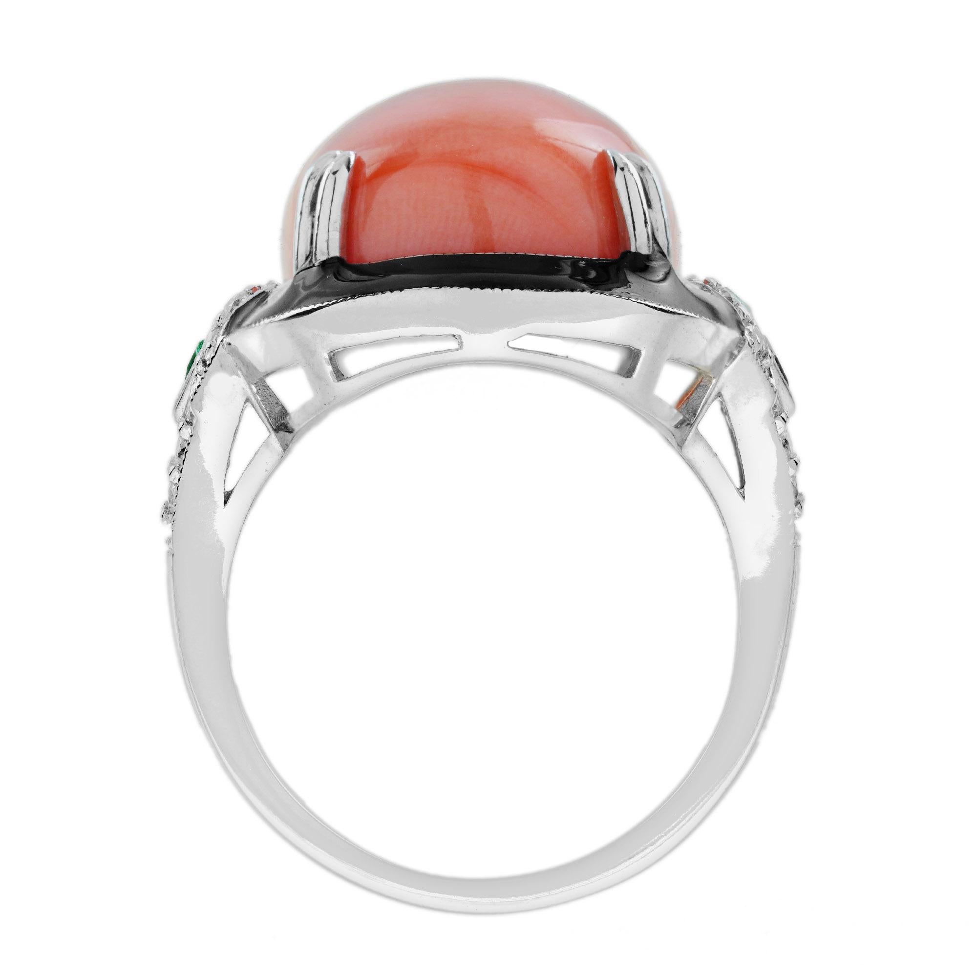 Orange Red Coral Emerald Diamond Art Deco Style 14K White Gold Black Enamel Ring In condizioni Nuovo in vendita a Oakton, VA