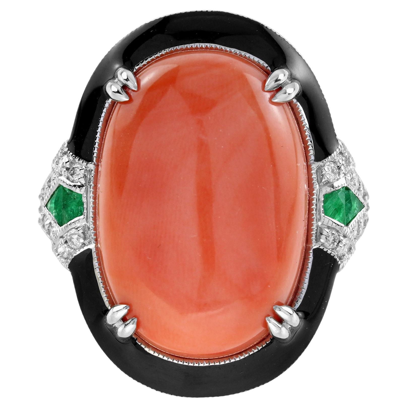 Orange Red Coral Emerald Diamond Art Deco Style 14K White Gold Black Enamel Ring