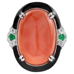 Orange Red Coral Emerald Diamond Art Deco Style 14K White Gold Black Enamel Ring
