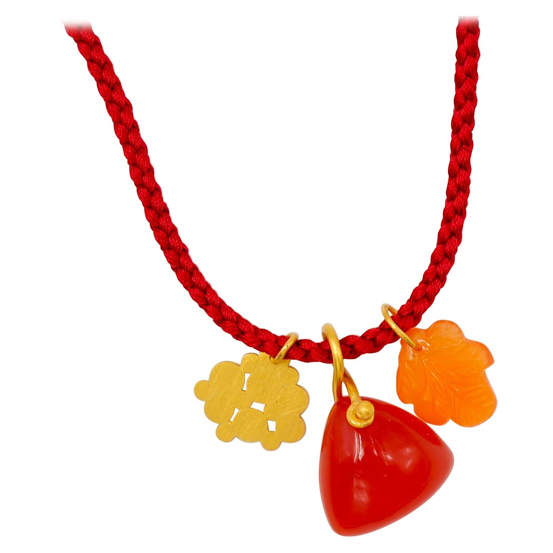 Orange Red Cornaline 22 Karat Gold Pendant Necklace