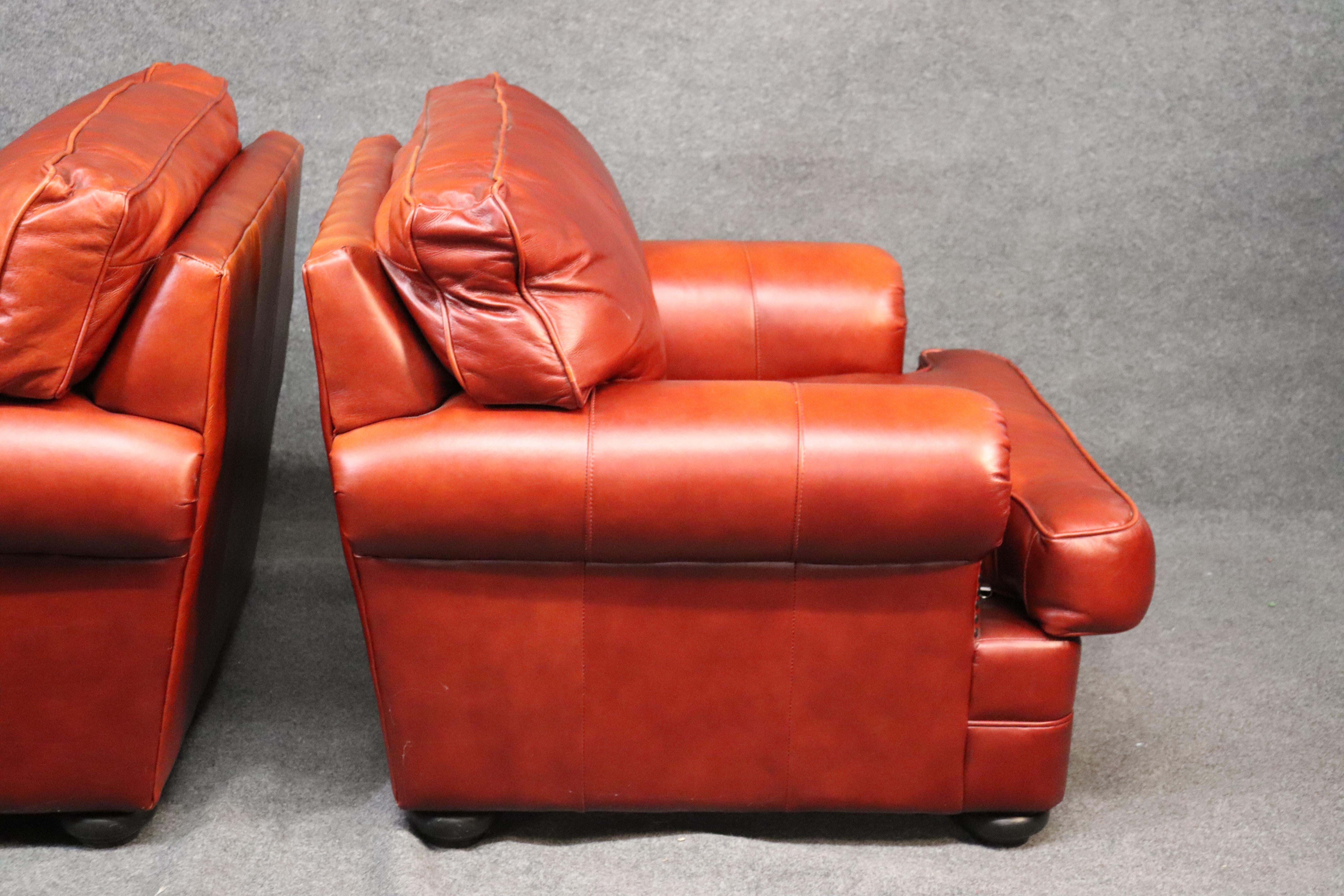 Orange-Red Pair of Custom Made All Genuine Leather Club Chairs 3